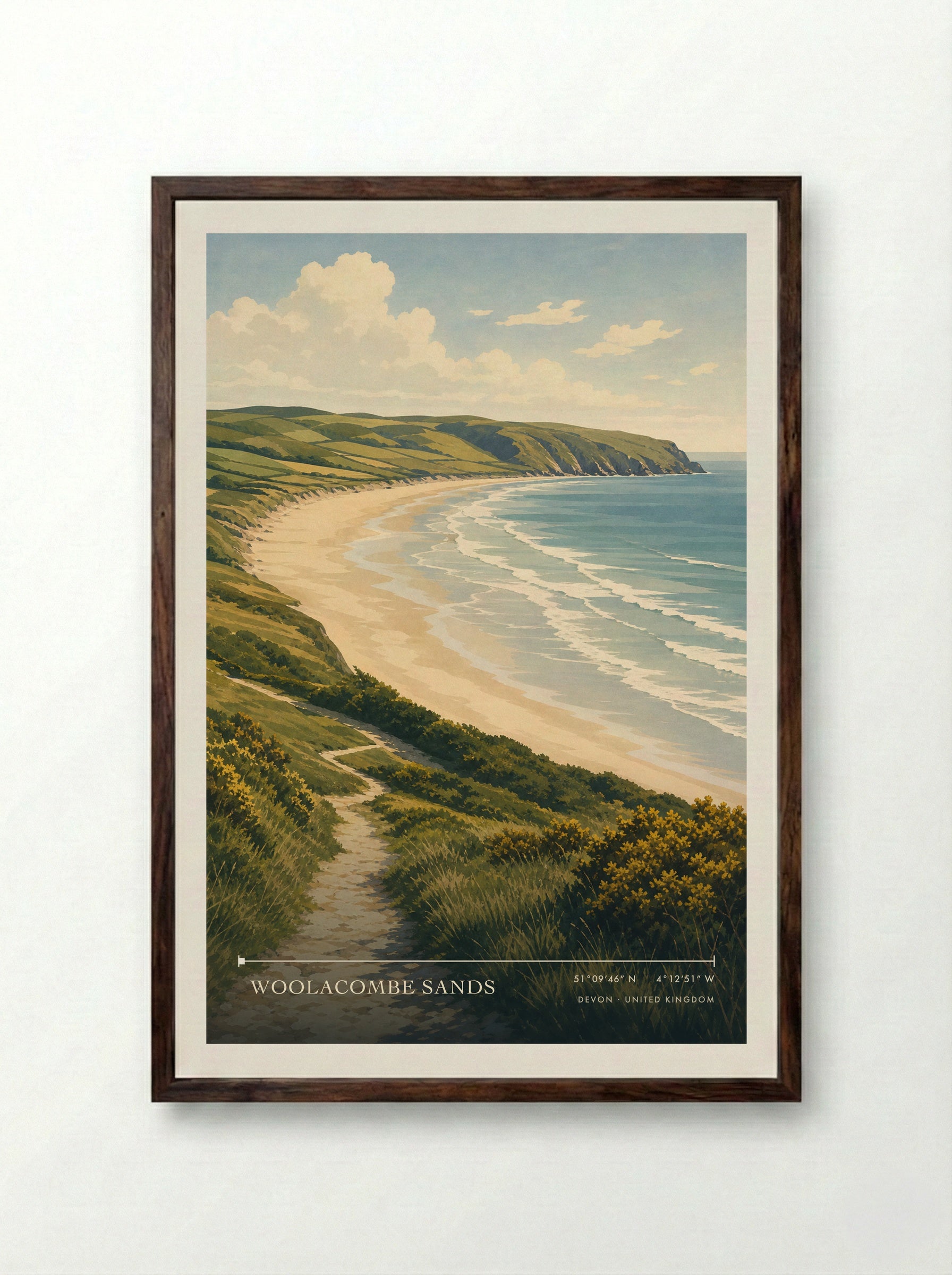 Woolacombe Sands Devon United Kingdom Travel Poster - Framed Print Dark Wood