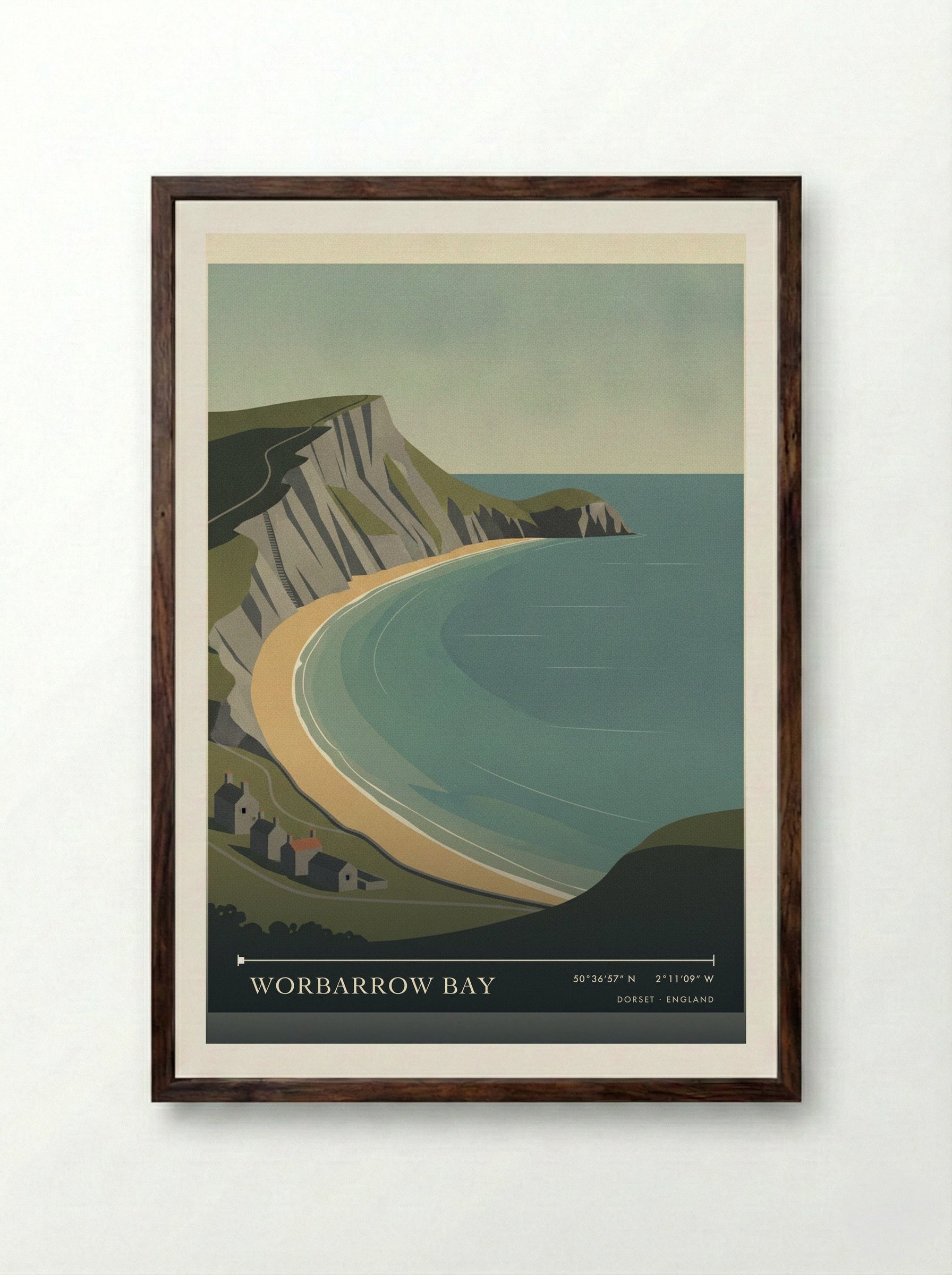 Worbarrow Bay Dorset England Travel Poster - Framed Print Dark Wood