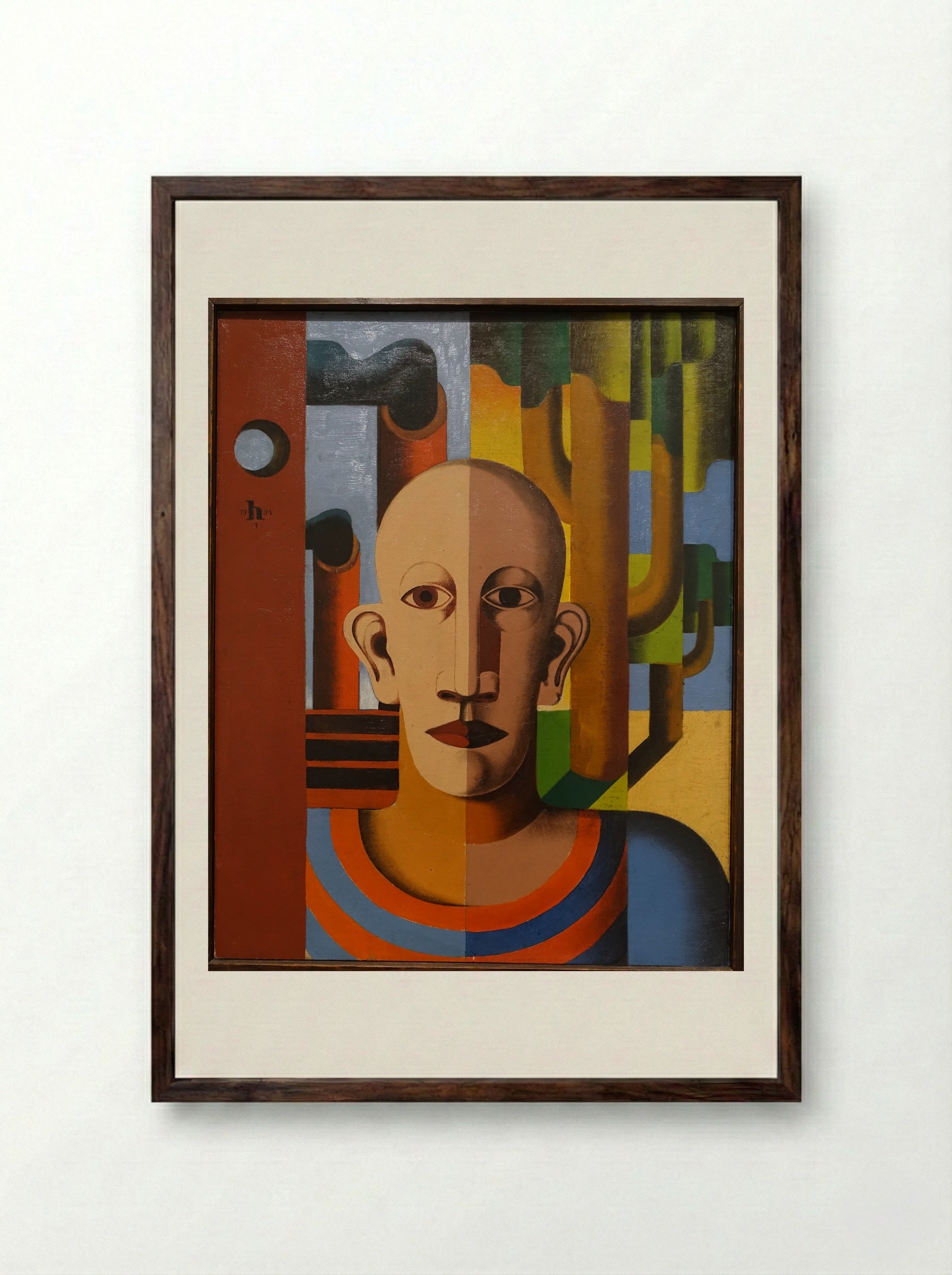 Worker (Self-Portrait in Front of Trees and Chimneys) - Heinrich Hoerle - Framed Print Dark Wood