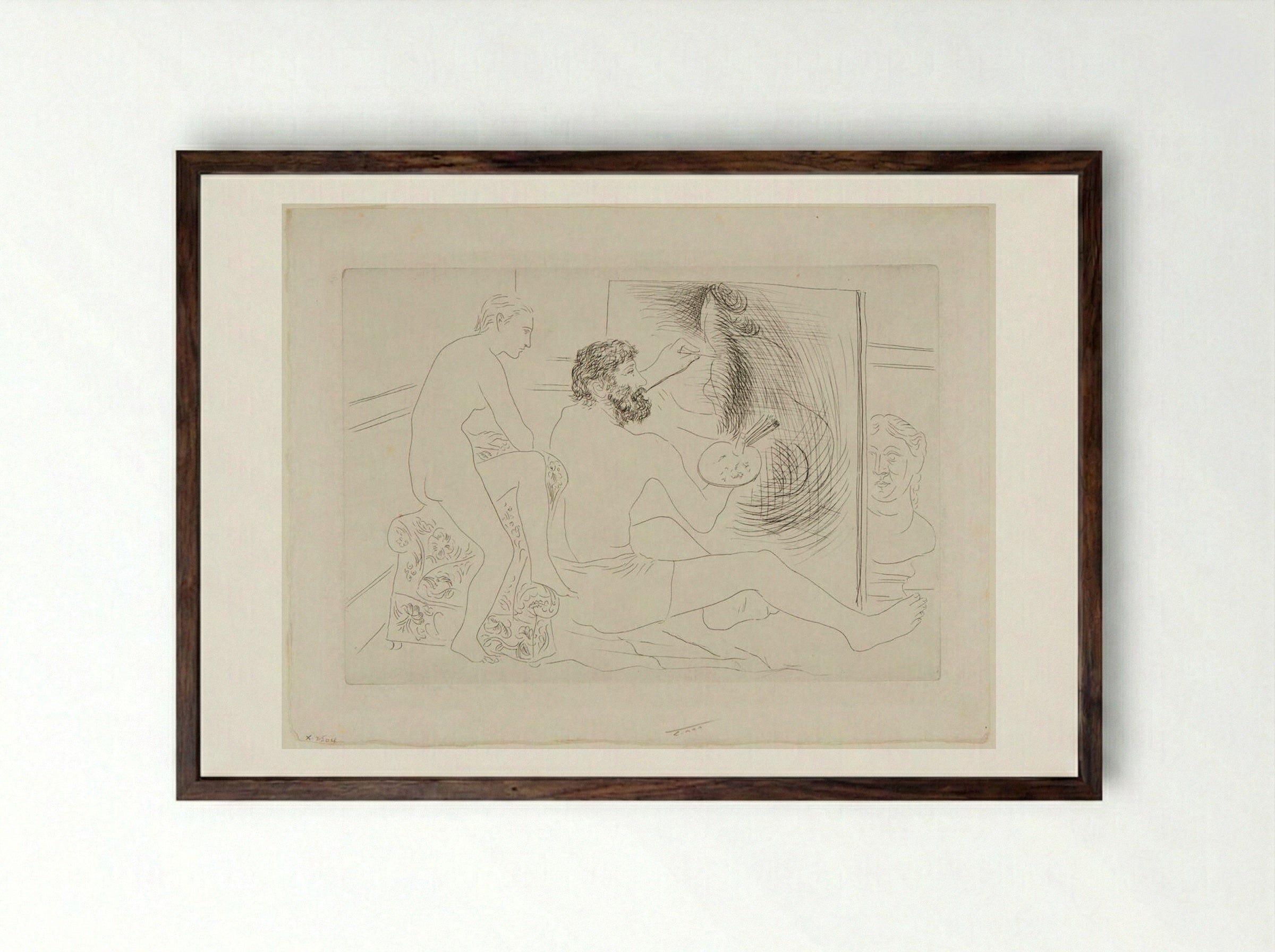 Working Painter observed by Nude Model - Pablo Picasso - Framed Print Dark Wood