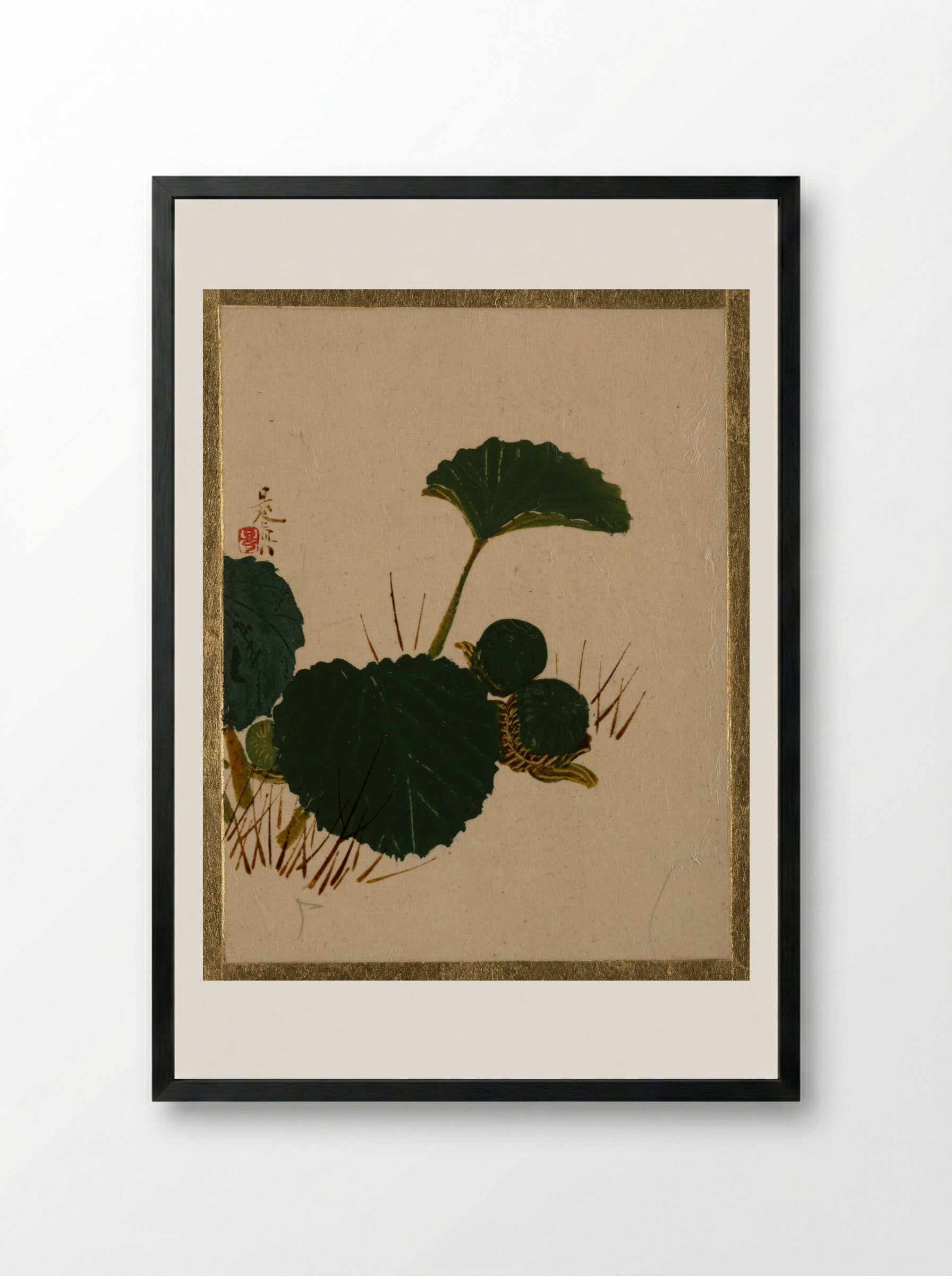 Worm on Green Leaved Plant - Shibata Zeshin - Framed Print Black