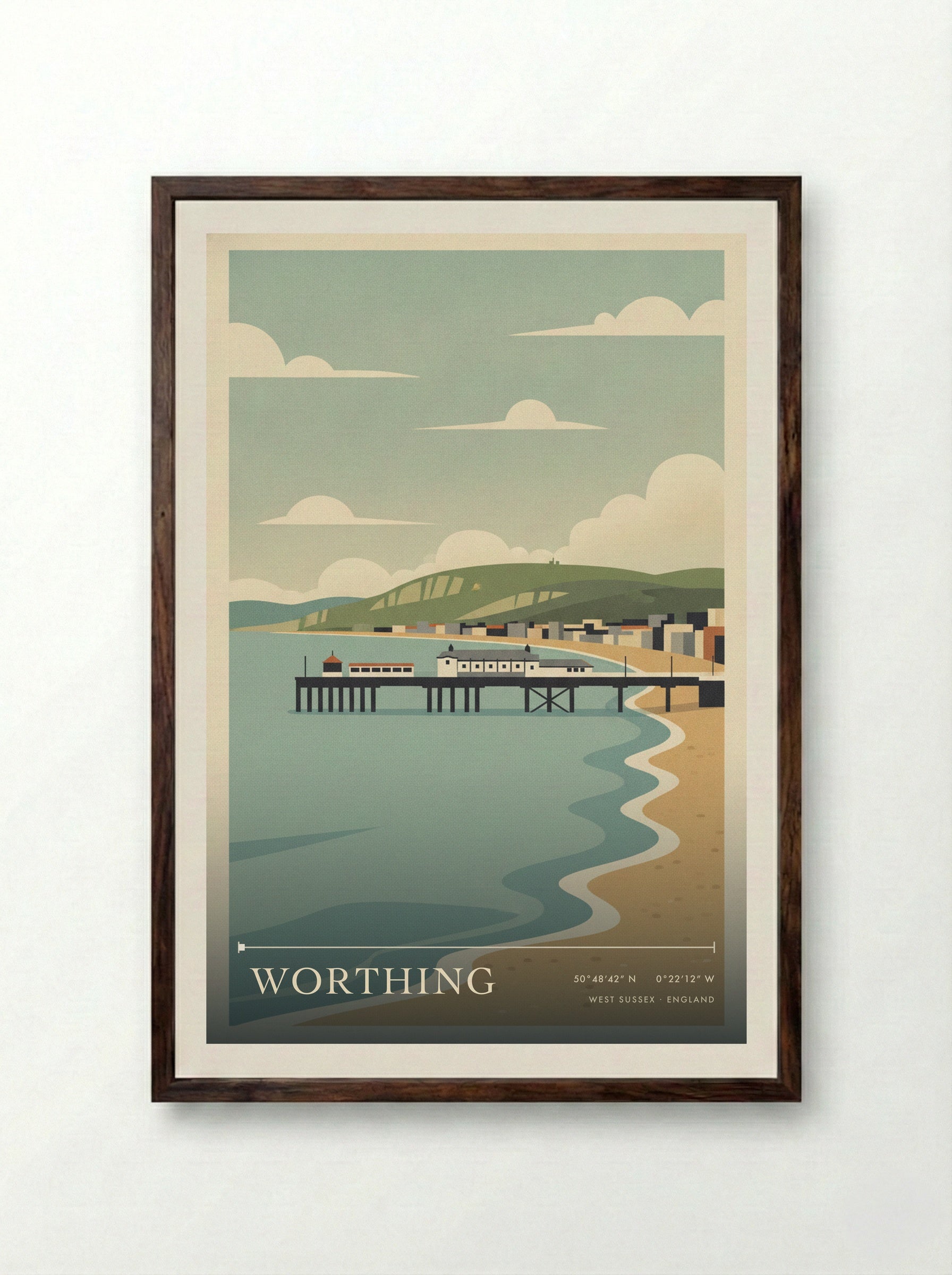 Worthing West Sussex England Travel Poster - Framed Print Dark Wood