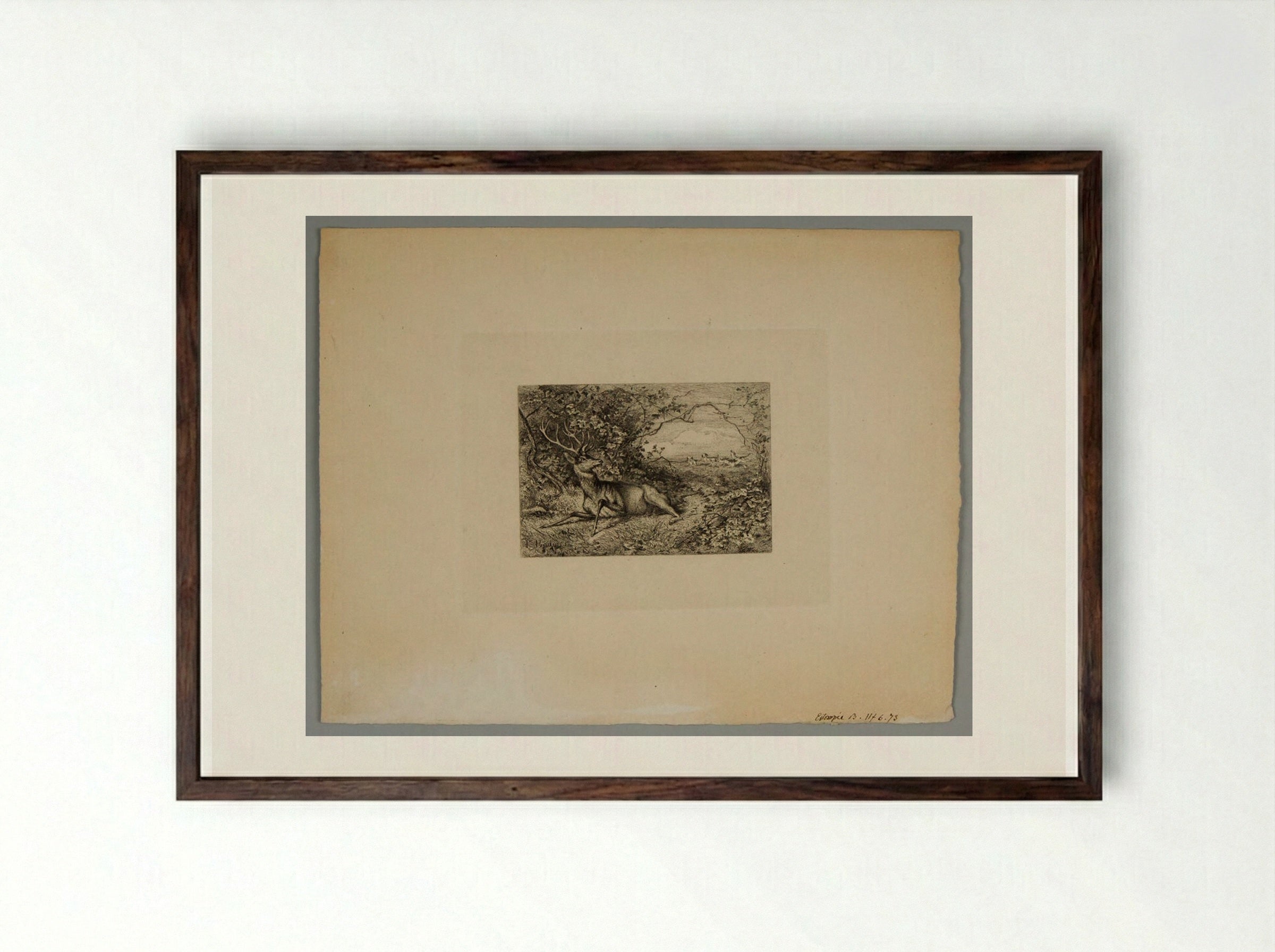 Wounded Stag Chased by Hounds - Karl Bodmer - Framed Print Dark Wood