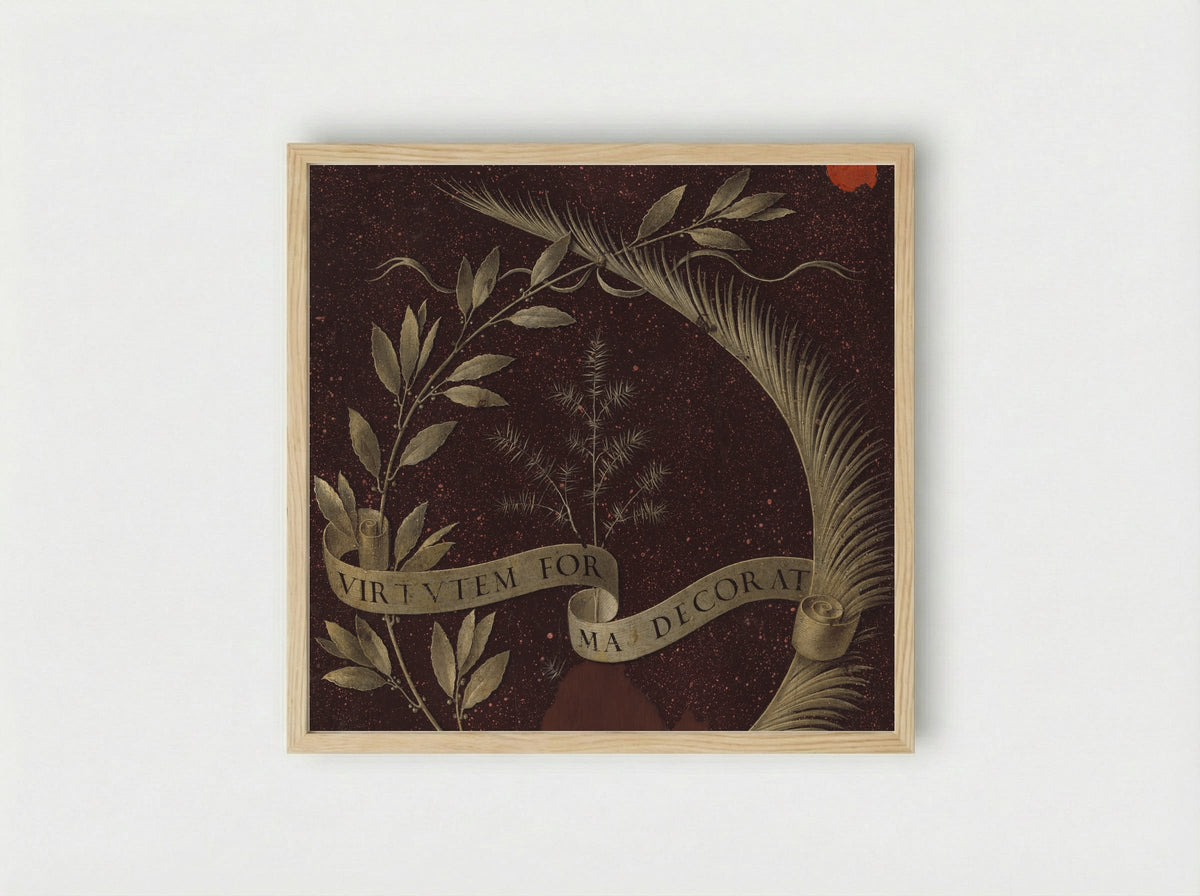 Wreath of Laurel, Palm, and Juniper with a Scroll inscribed Virtutem Forma Decorat - Leonardo da Vinci - Framed Print Wood