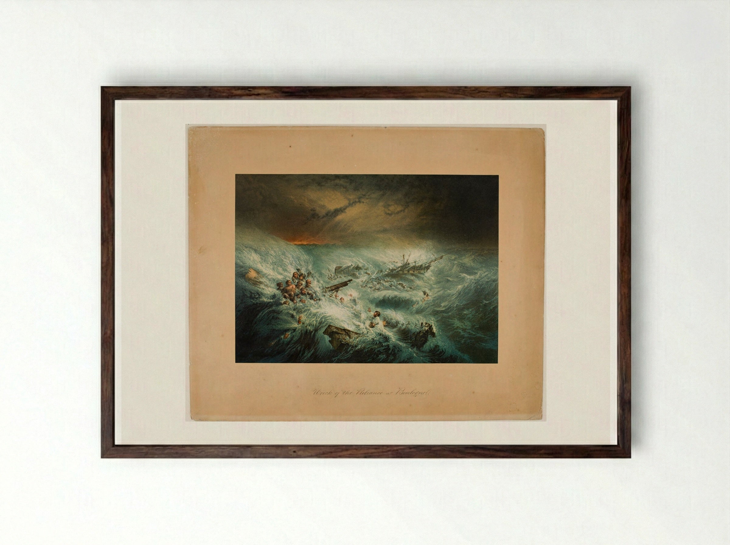 Wreck of the Reliance near Boulogne - George Baxter - Framed Print Dark Wood