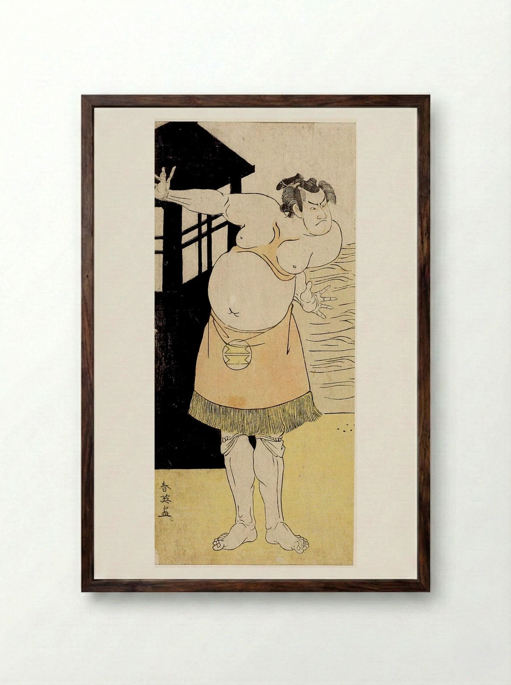 Wrestler in a Pink Fringed Apron - Katsukawa Shun'ei - Framed Print Dark Wood