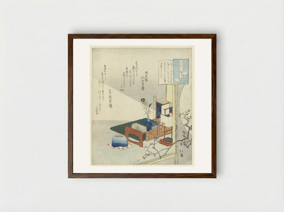 Writing Table by the Light of a Lantern - Totoya Hokkei - Framed Print Dark Wood