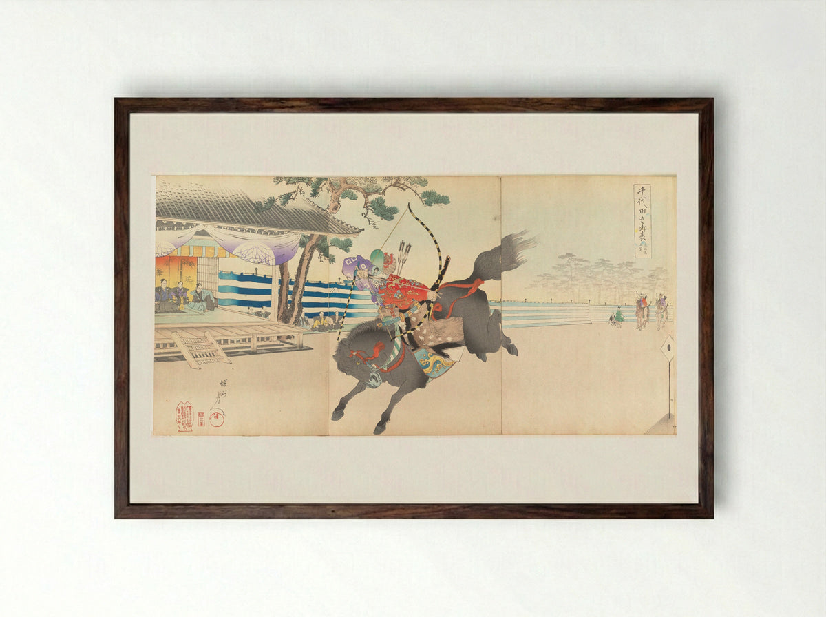 Yabusame (Mounted Archery) - Hashimoto Chikanobu - Framed Print Dark Wood