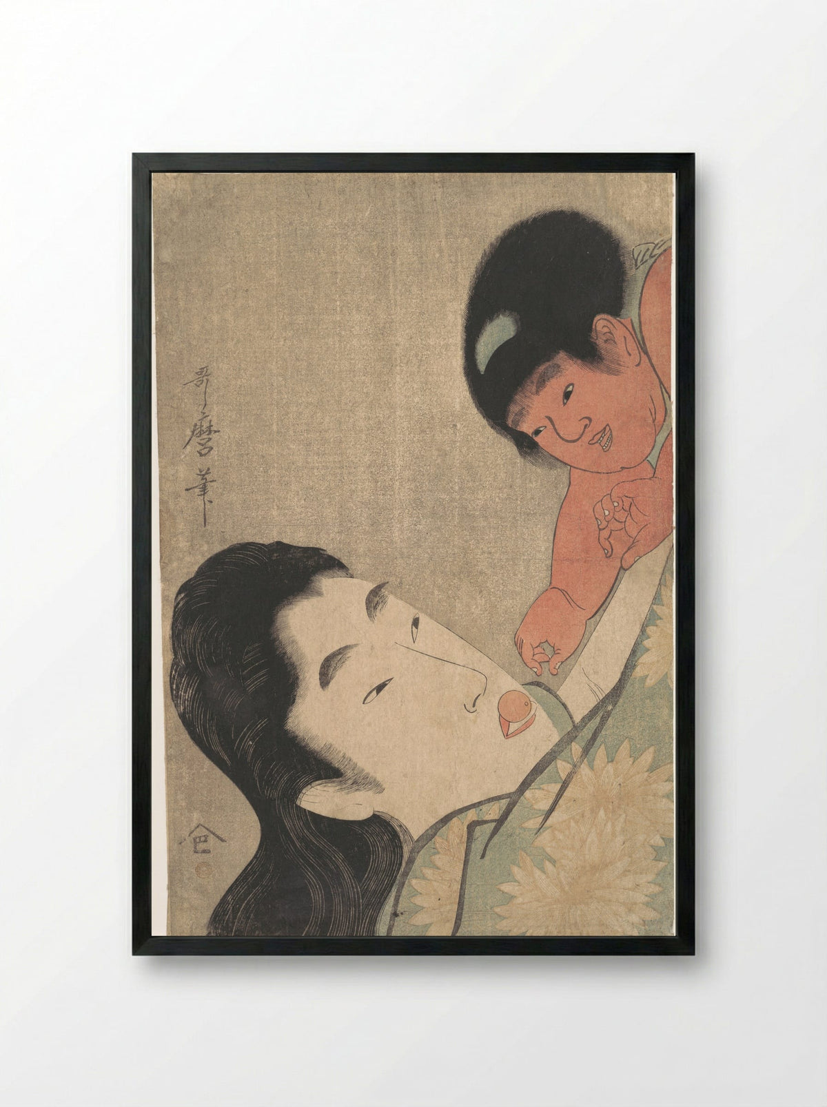 Yamauba and Kintarō Playing with a Cherry - Kitagawa Utamaro - Framed Print Black
