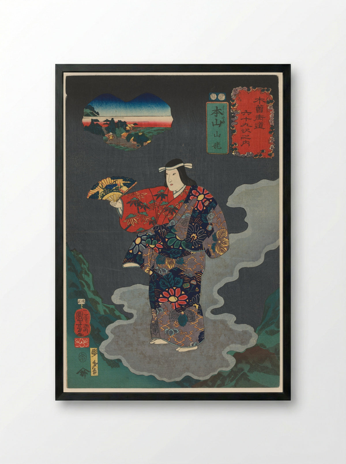 Yamauba as a Court Dancer with a Fan - Utagawa Kuniyoshi - Framed Print Black