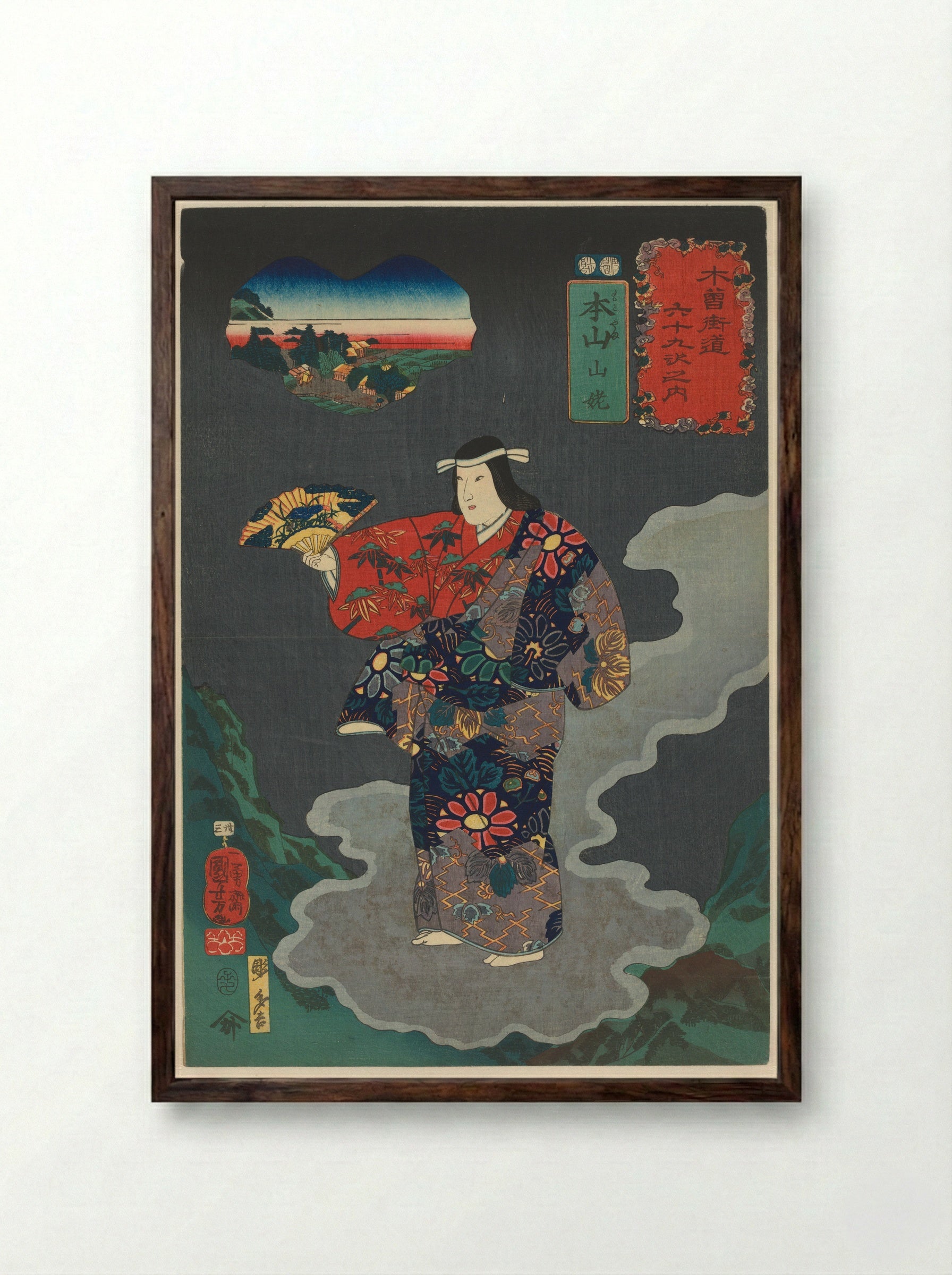 Yamauba as a Court Dancer with a Fan - Utagawa Kuniyoshi - Framed Print Dark Wood