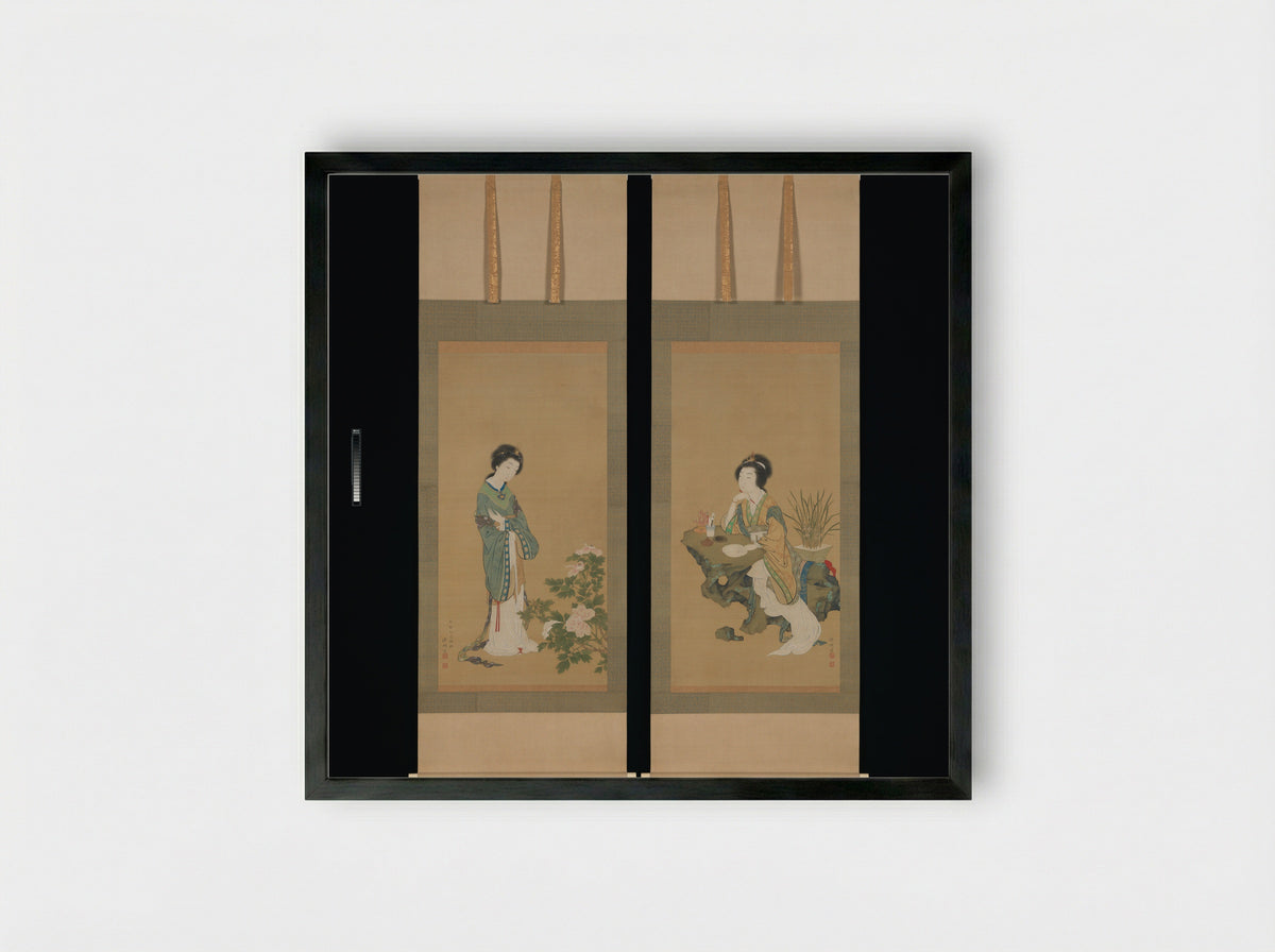 Yanji with Orchids and Yang Guifei with Peonies - Komai Genki - Framed Print Black