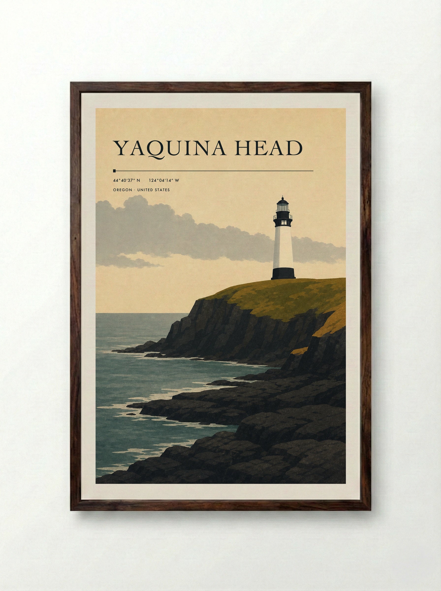 Yaquina Head Travel Poster Artwork - Framed Print Dark Wood