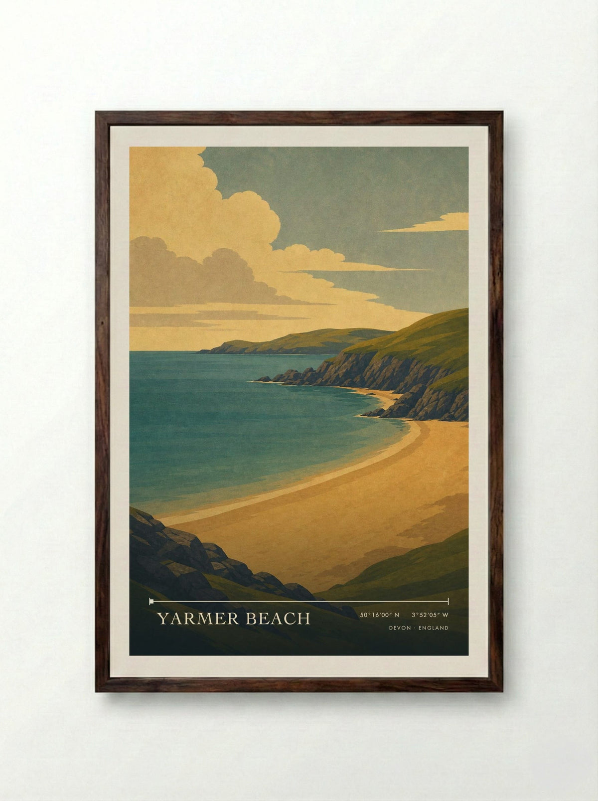 Yarmer Beach Devon England Travel Poster - Framed Print Dark Wood