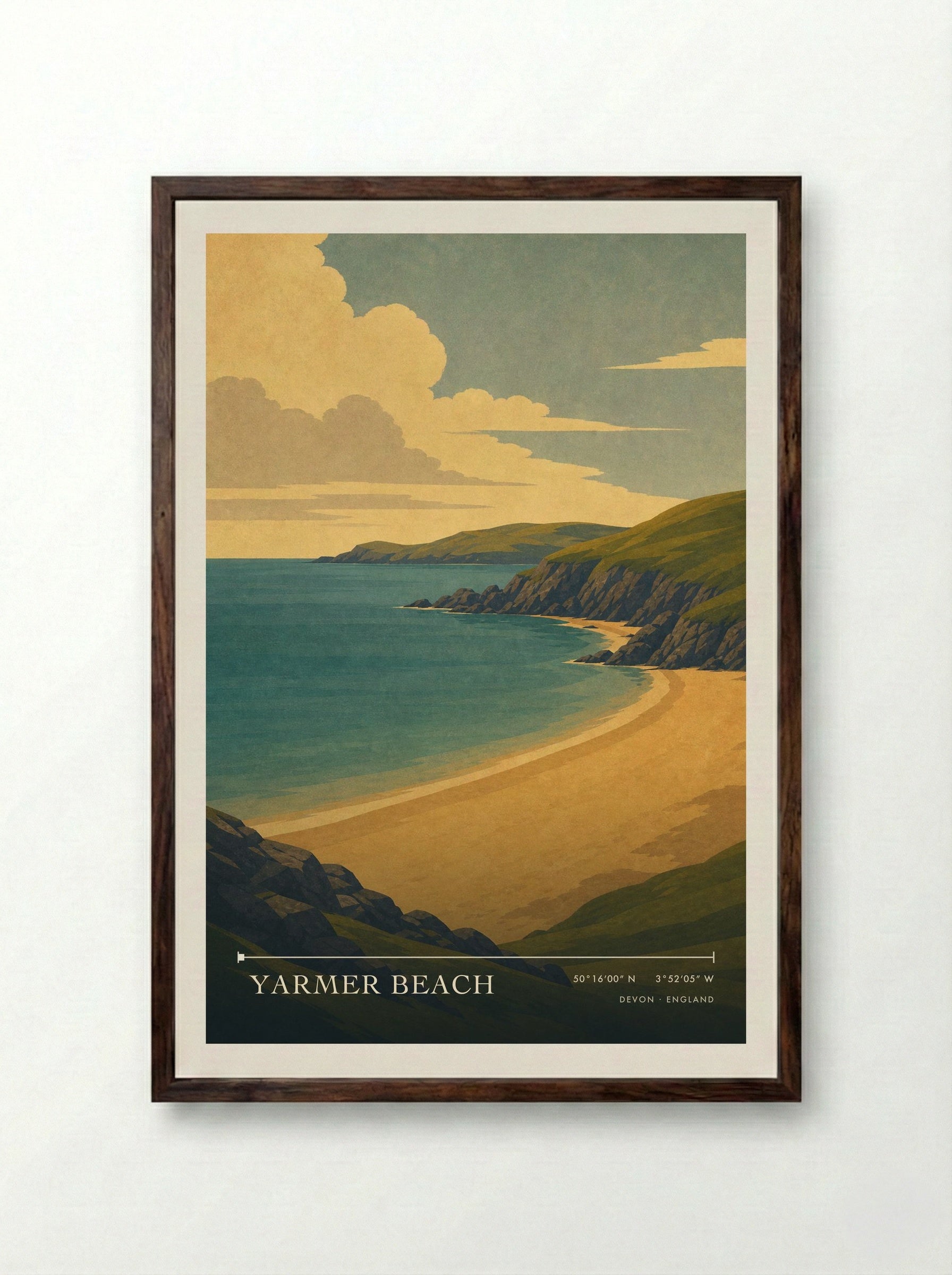 Yarmer Beach Devon England Travel Poster - Framed Print Dark Wood