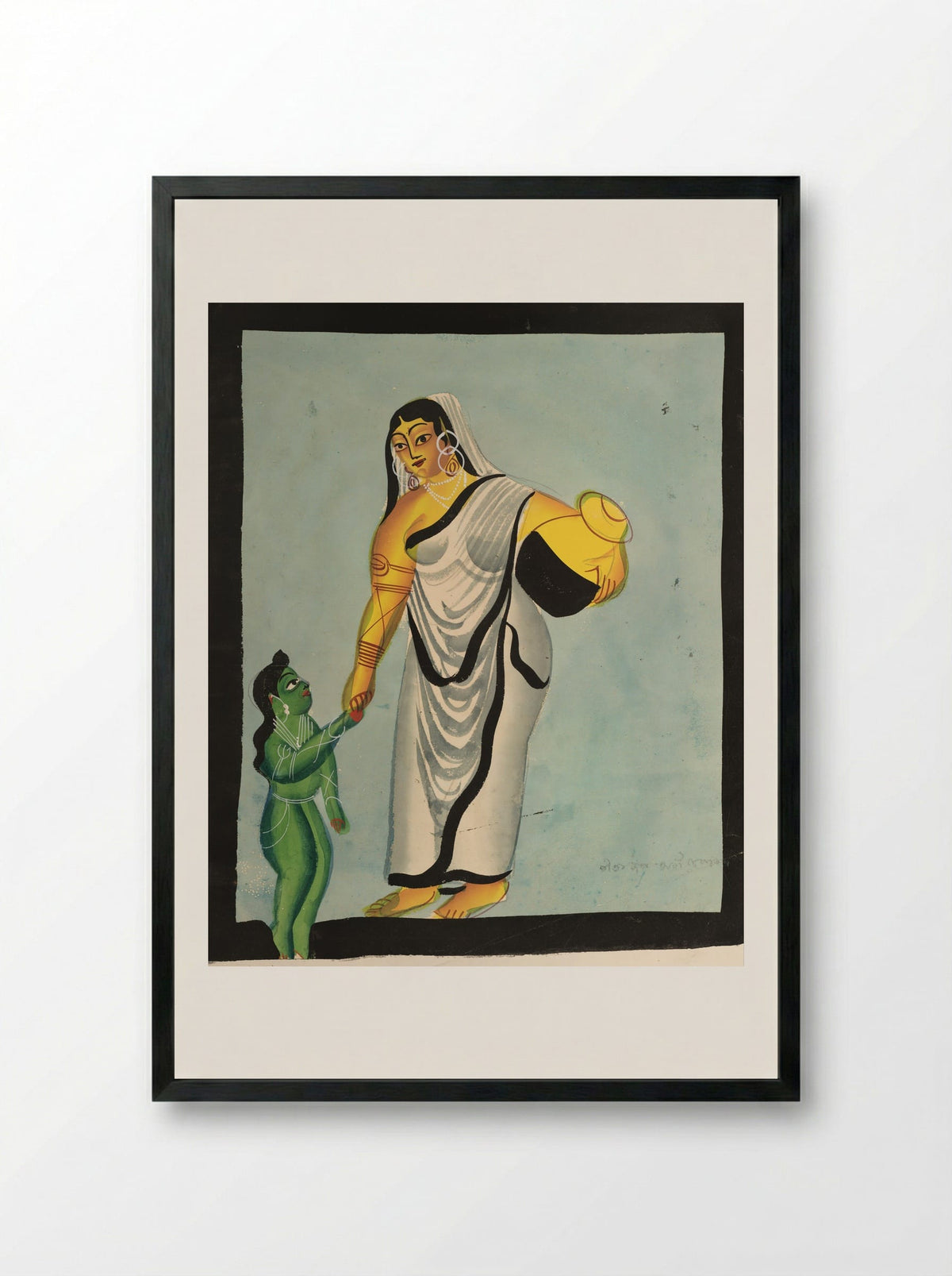 Yasoda Taking the Infant Krishna for a Walk - Kalighat School - Framed Print Black