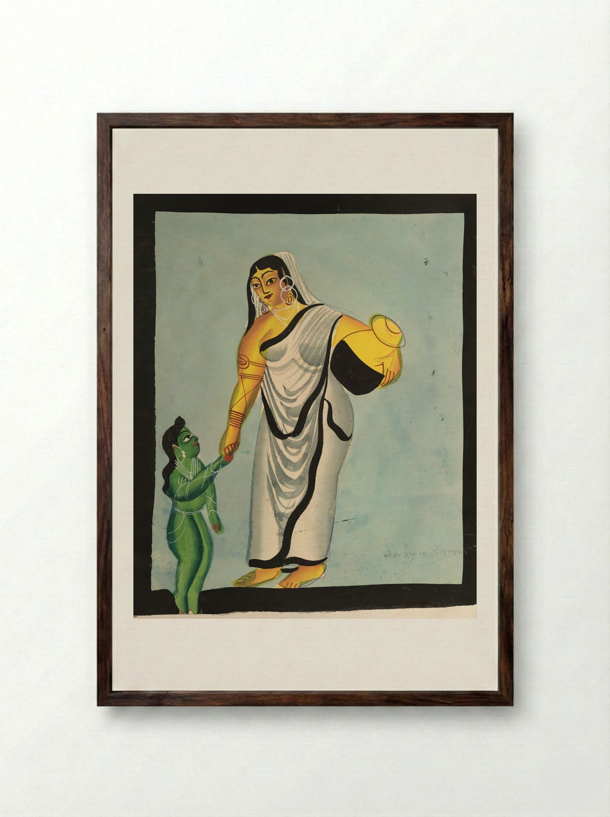 Yasoda Taking the Infant Krishna for a Walk - Kalighat School - Framed Print Dark Wood