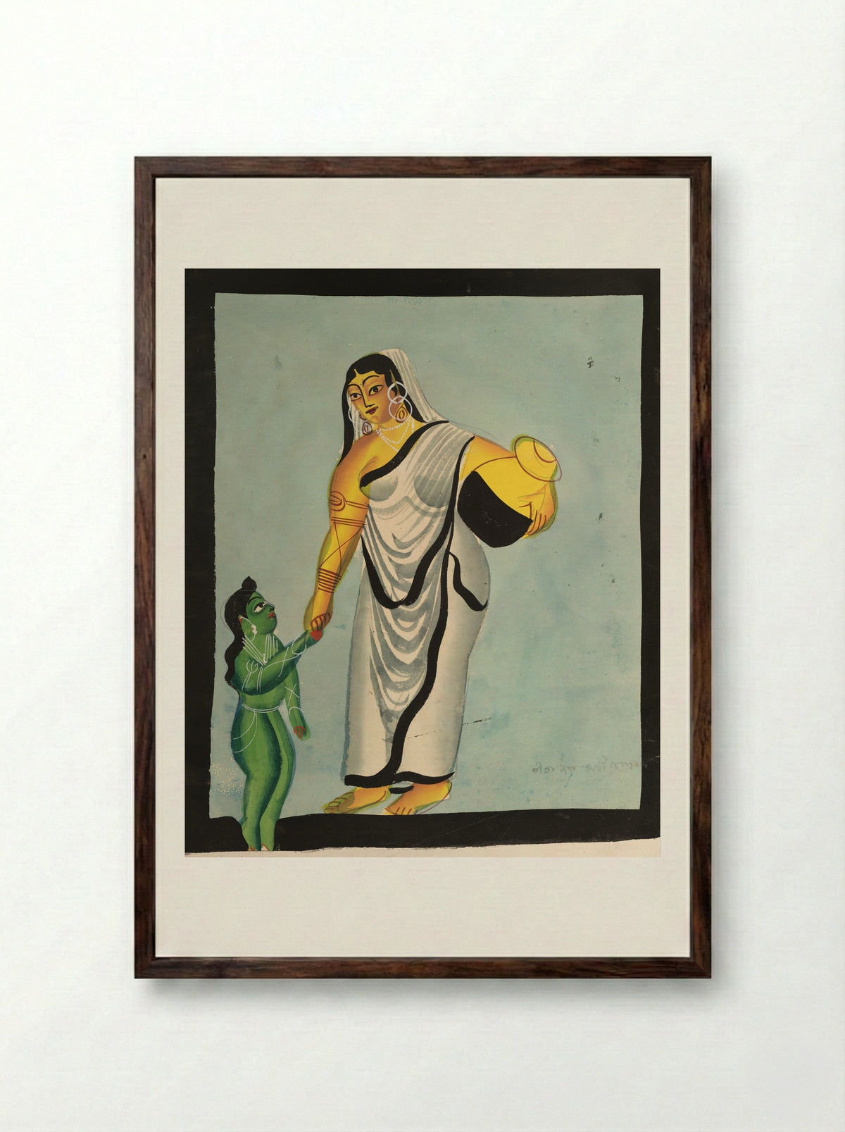 Yasoda Taking the Infant Krishna for a Walk - Kalighat School - Framed Print Dark Wood