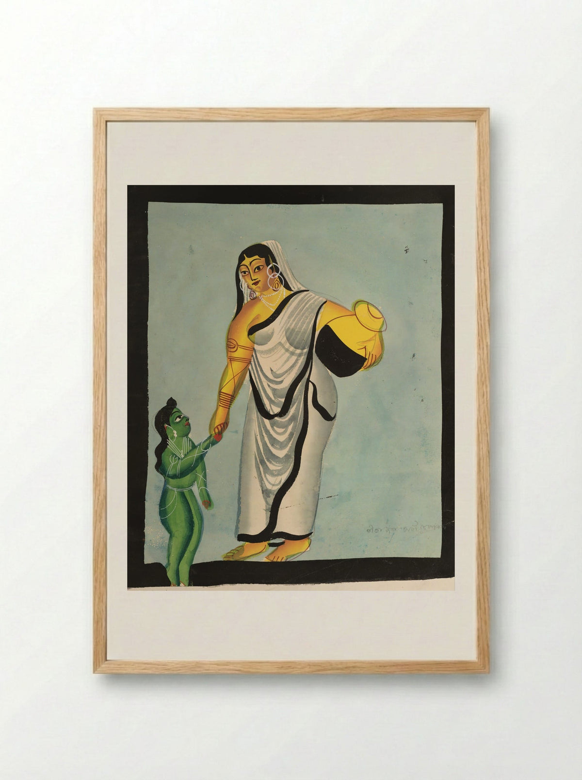 Yasoda Taking the Infant Krishna for a Walk - Kalighat School - Framed Print Wood