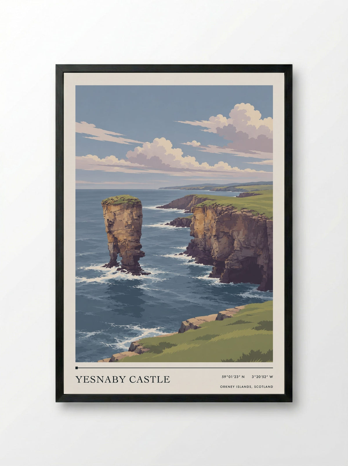Yesnaby Castle, Orkney Islands, Scotland | Travel Poster - Framed Print Black
