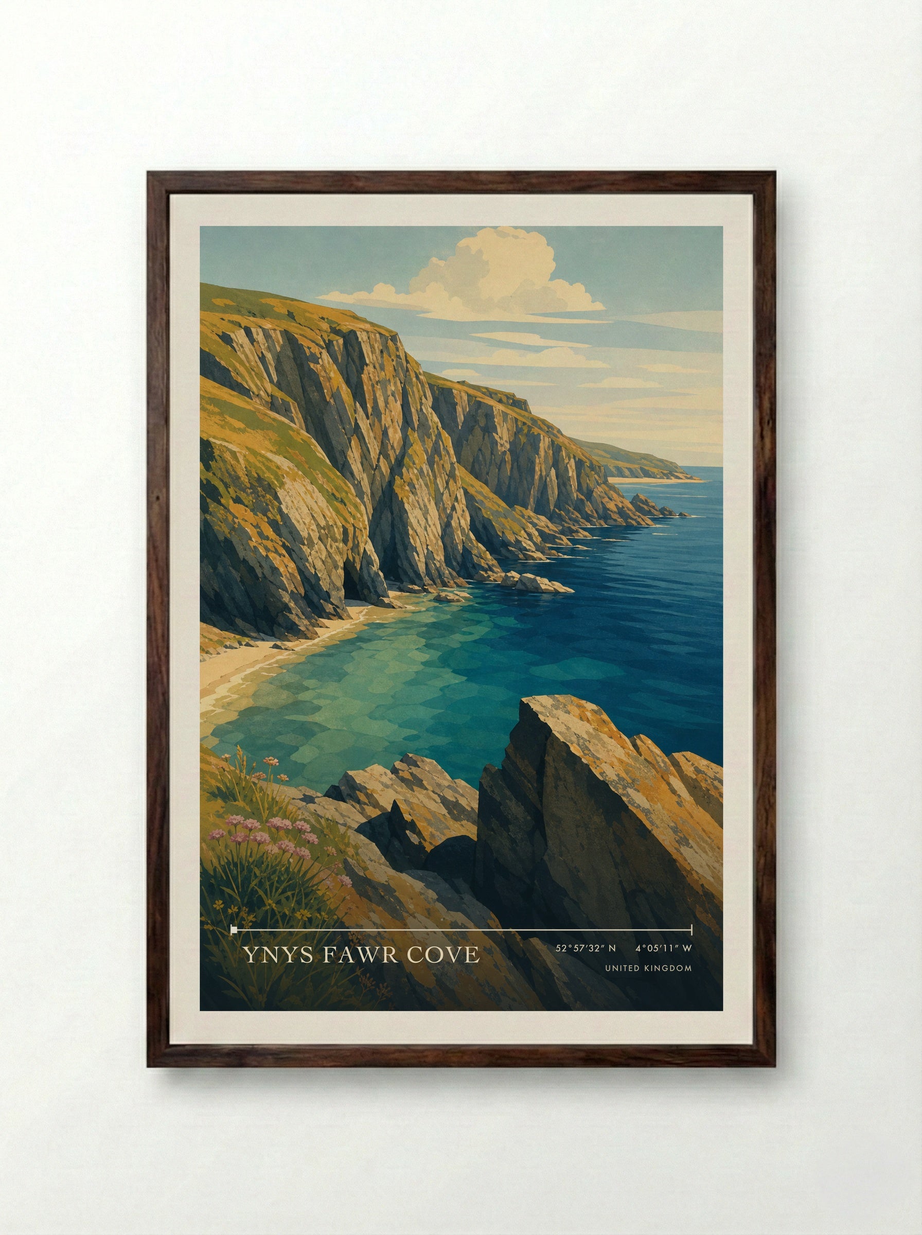 Ynys Fawr Cove United Kingdom Travel Poster - Framed Print Dark Wood