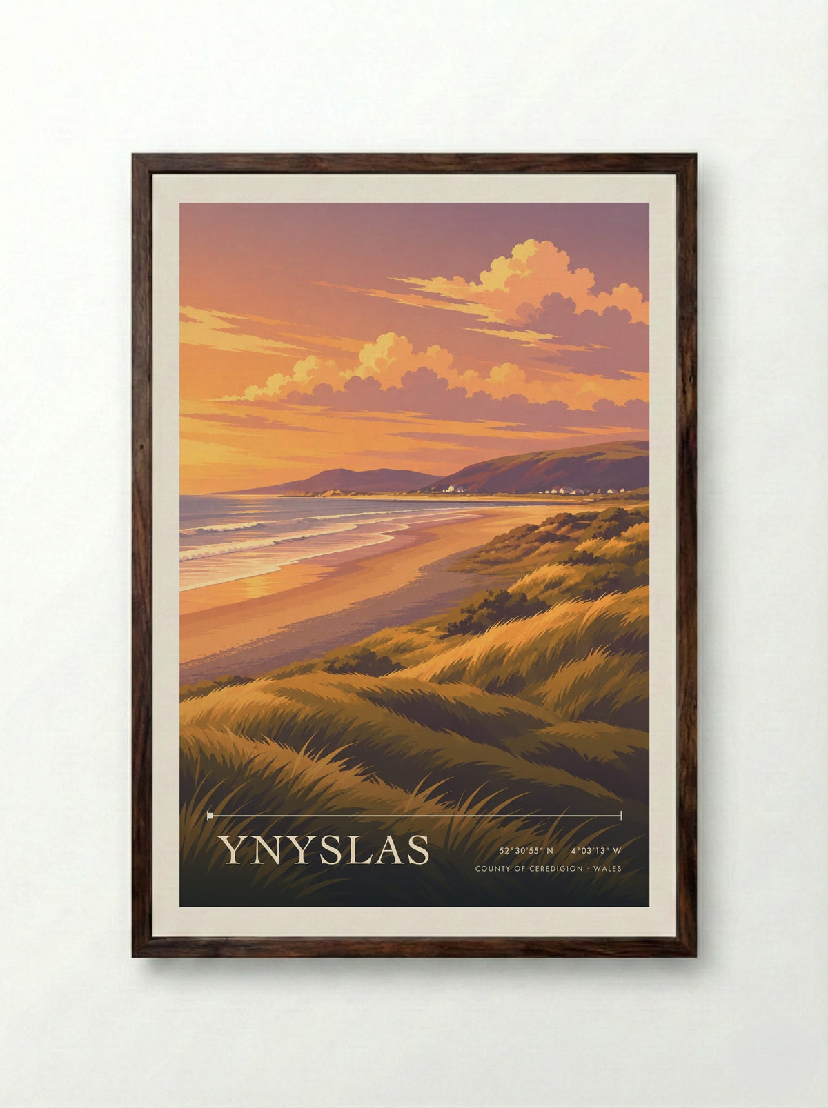 Ynyslas, County of Ceredigion | Travel Poster - Framed Print Dark Wood