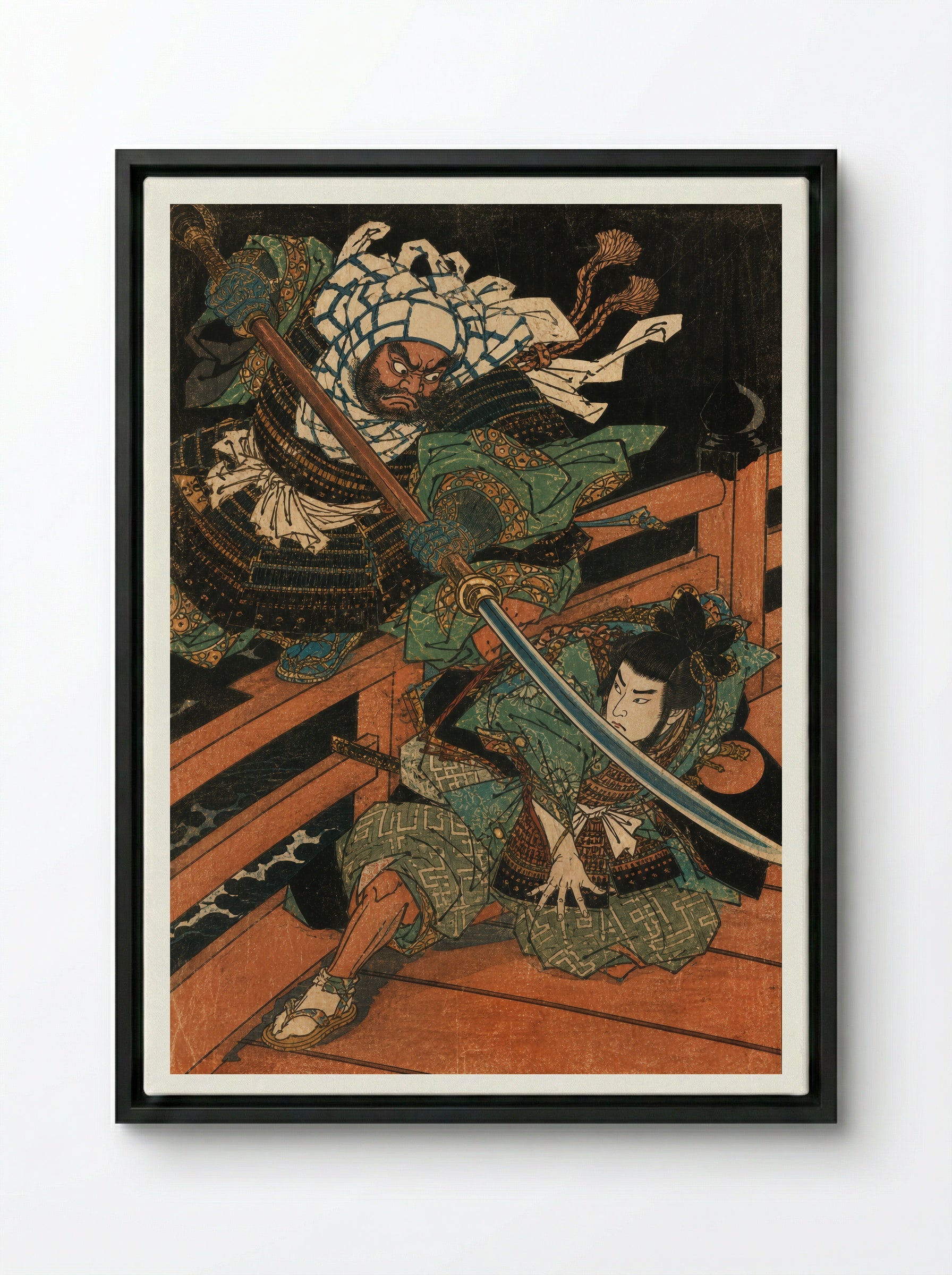 Yoshitsune and Benkei on Gojo Bridge: Beneath the Naginata - Framed Canvas Black