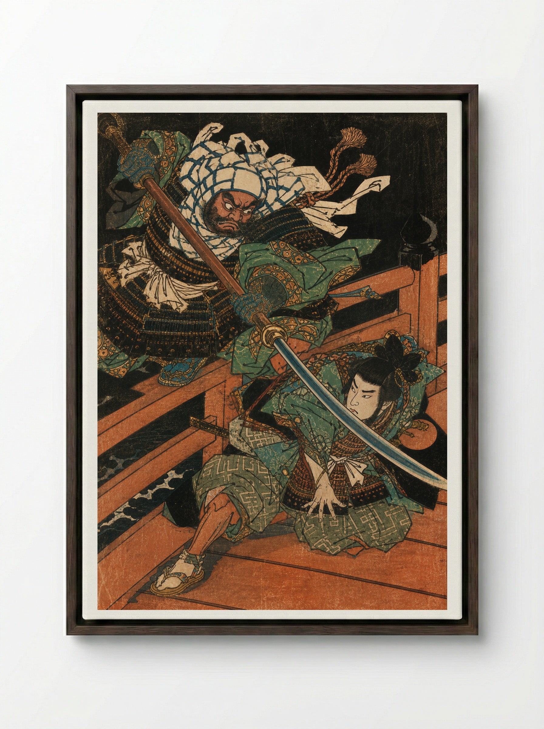 Yoshitsune and Benkei on Gojo Bridge: Beneath the Naginata - Framed Canvas Dark Wood