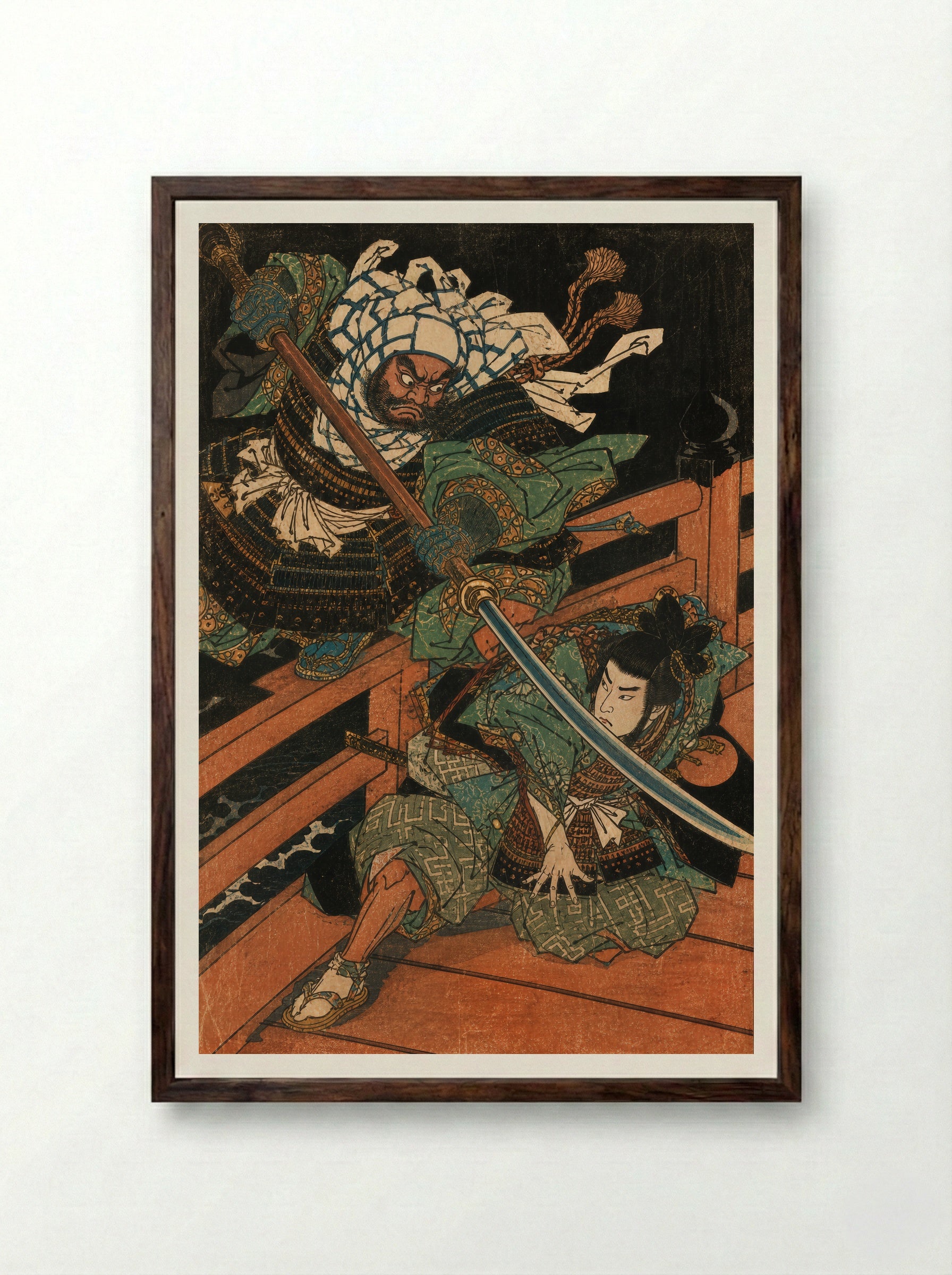 Yoshitsune and Benkei on Gojo Bridge: Beneath the Naginata - Framed Print Dark Wood