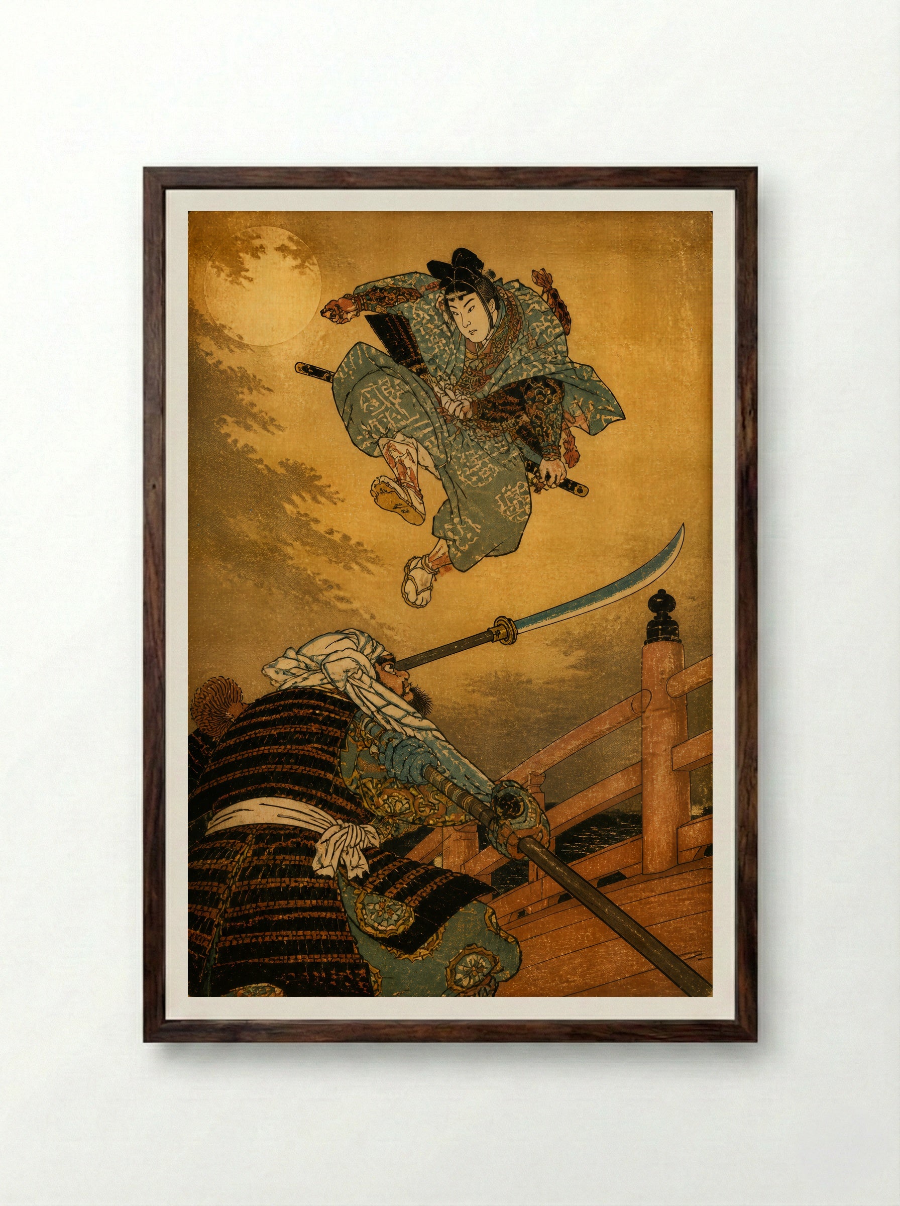 Yoshitsune and Benkei on Gojo Bridge: The Decisive Leap - Framed Print Dark Wood