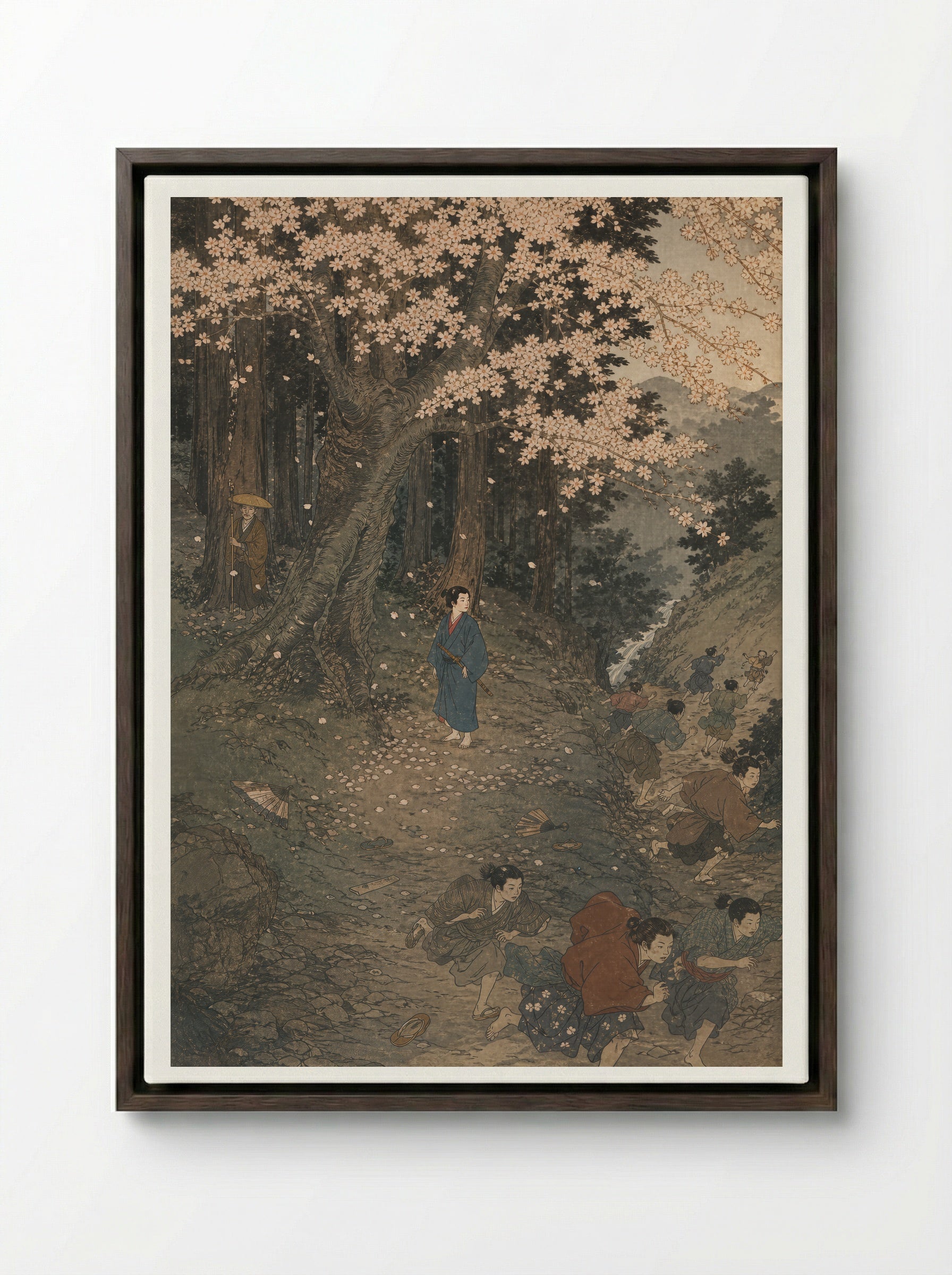 Yoshitsune and the Tengu of Kurama: The Child Who Stays - Framed Canvas Dark Wood