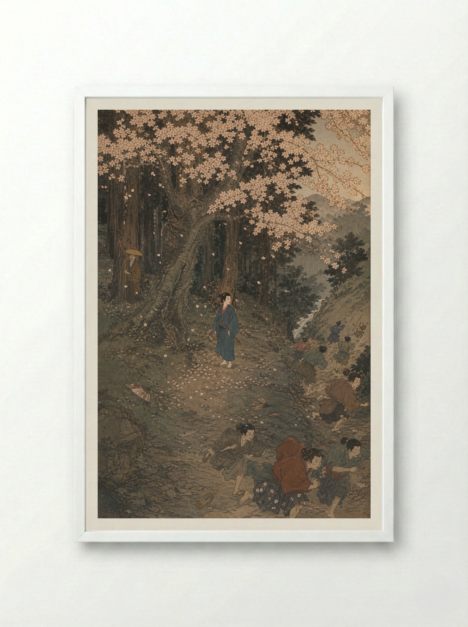 Yoshitsune and the Tengu of Kurama: The Child Who Stays - Framed Print White