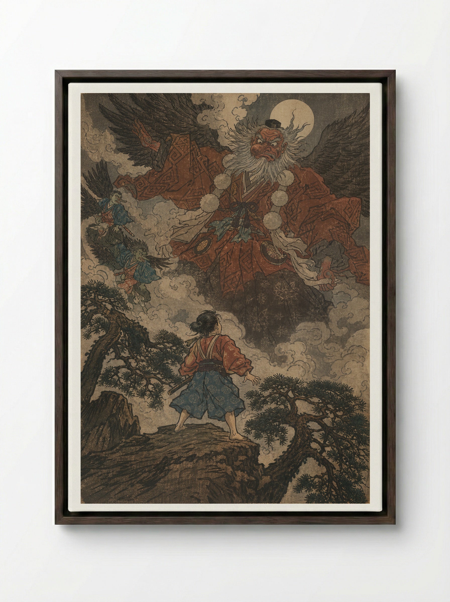 Yoshitsune and the Tengu of Kurama: The Lesson Begins - Framed Canvas Dark Wood