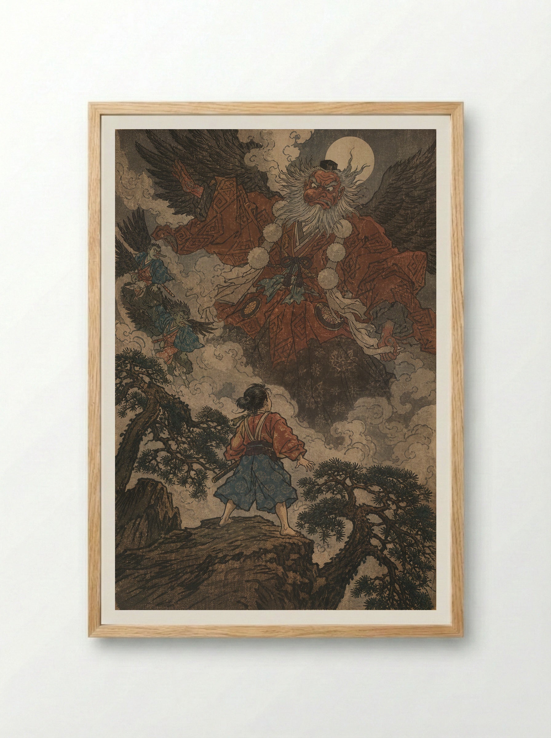 Yoshitsune and the Tengu of Kurama: The Lesson Begins - Framed Print Wood