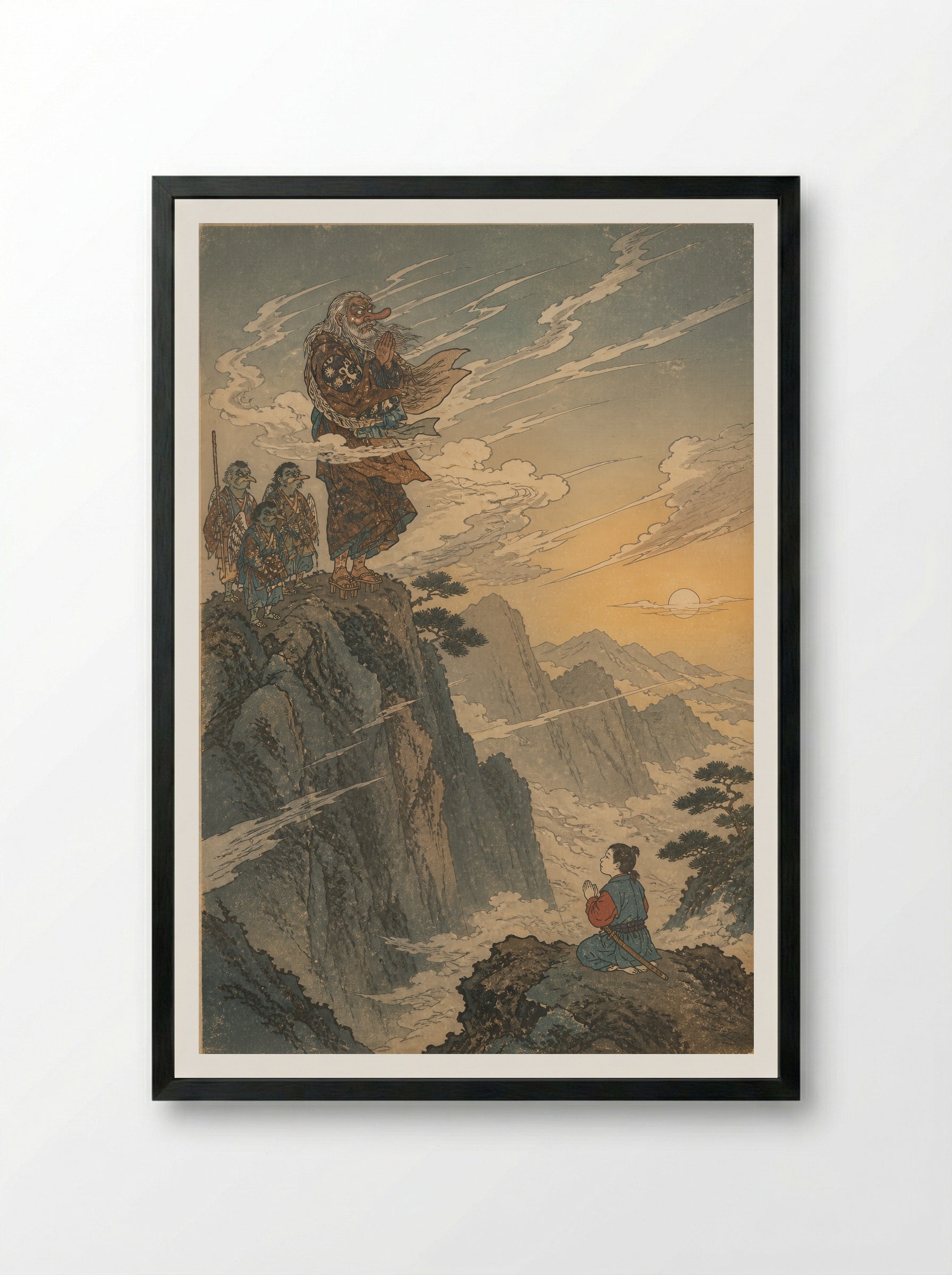 Yoshitsune and the Tengu of Kurama: The Mountain Farewell - Framed Print Black