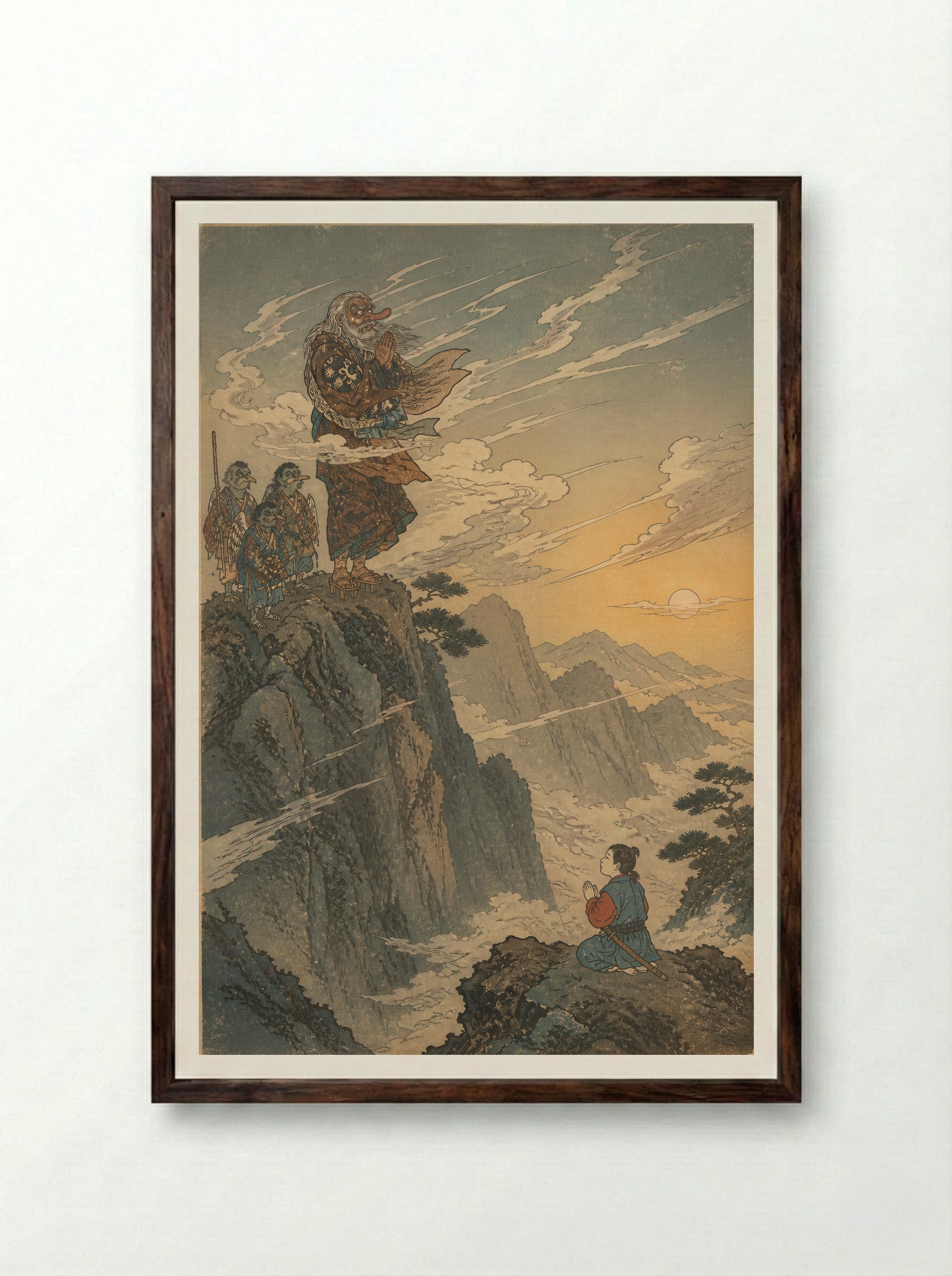 Yoshitsune and the Tengu of Kurama: The Mountain Farewell - Framed Print Dark Wood