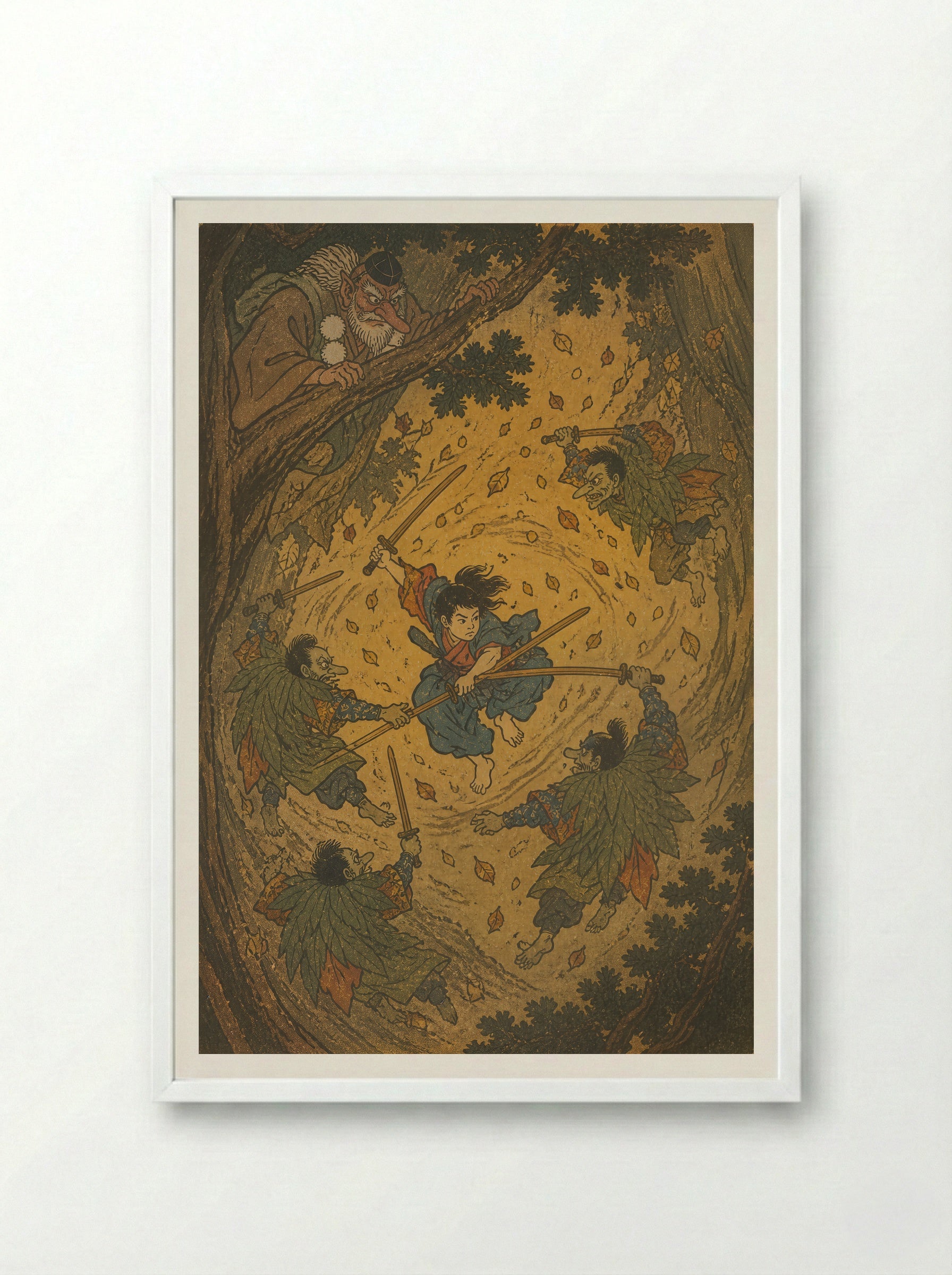 Yoshitsune and the Tengu of Kurama: The Teacher Takes the Air - Framed Print White