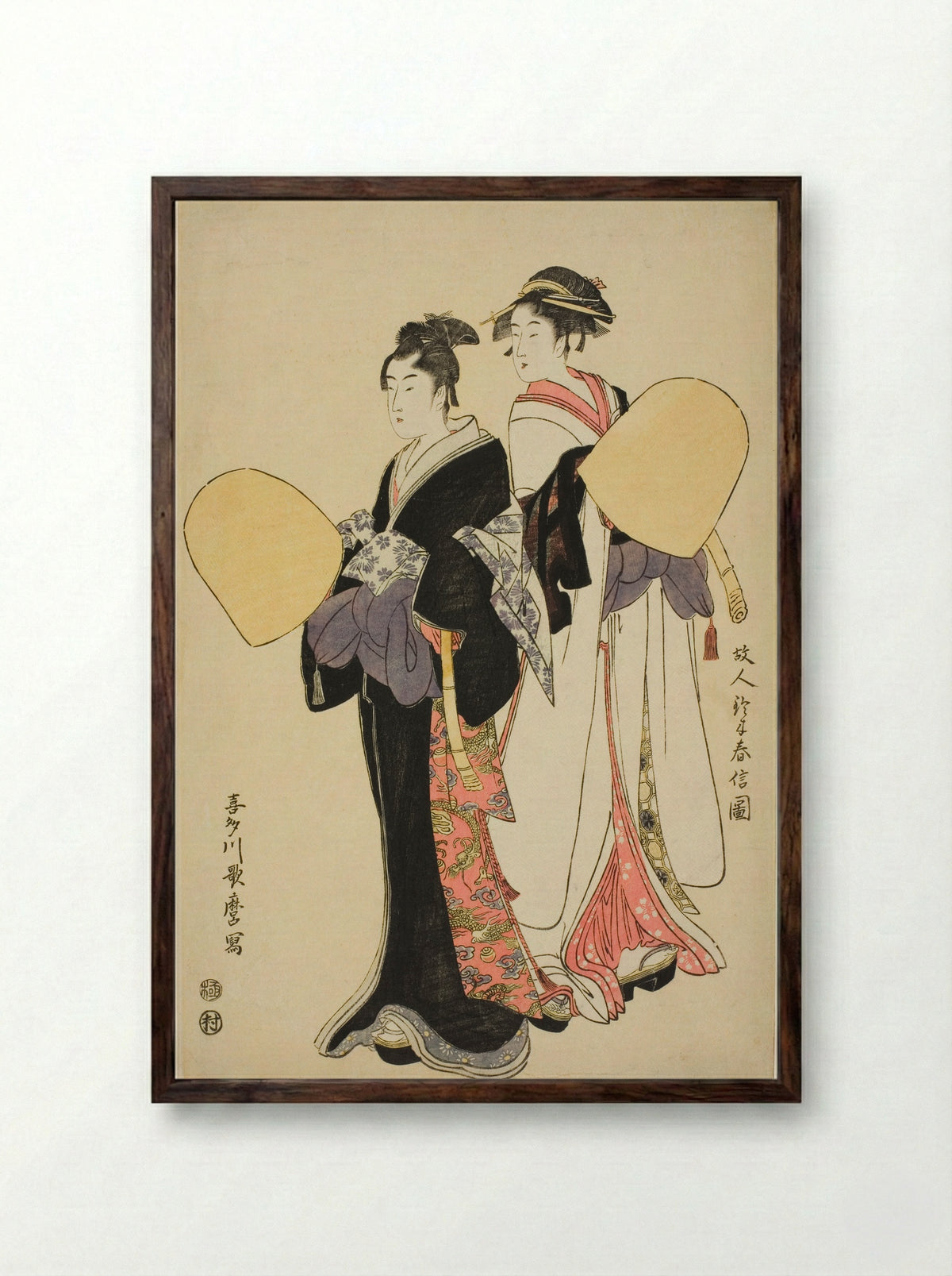 Young Couple Dressed as Mendicant Monks - Kitagawa Utamaro - Framed Print Dark Wood