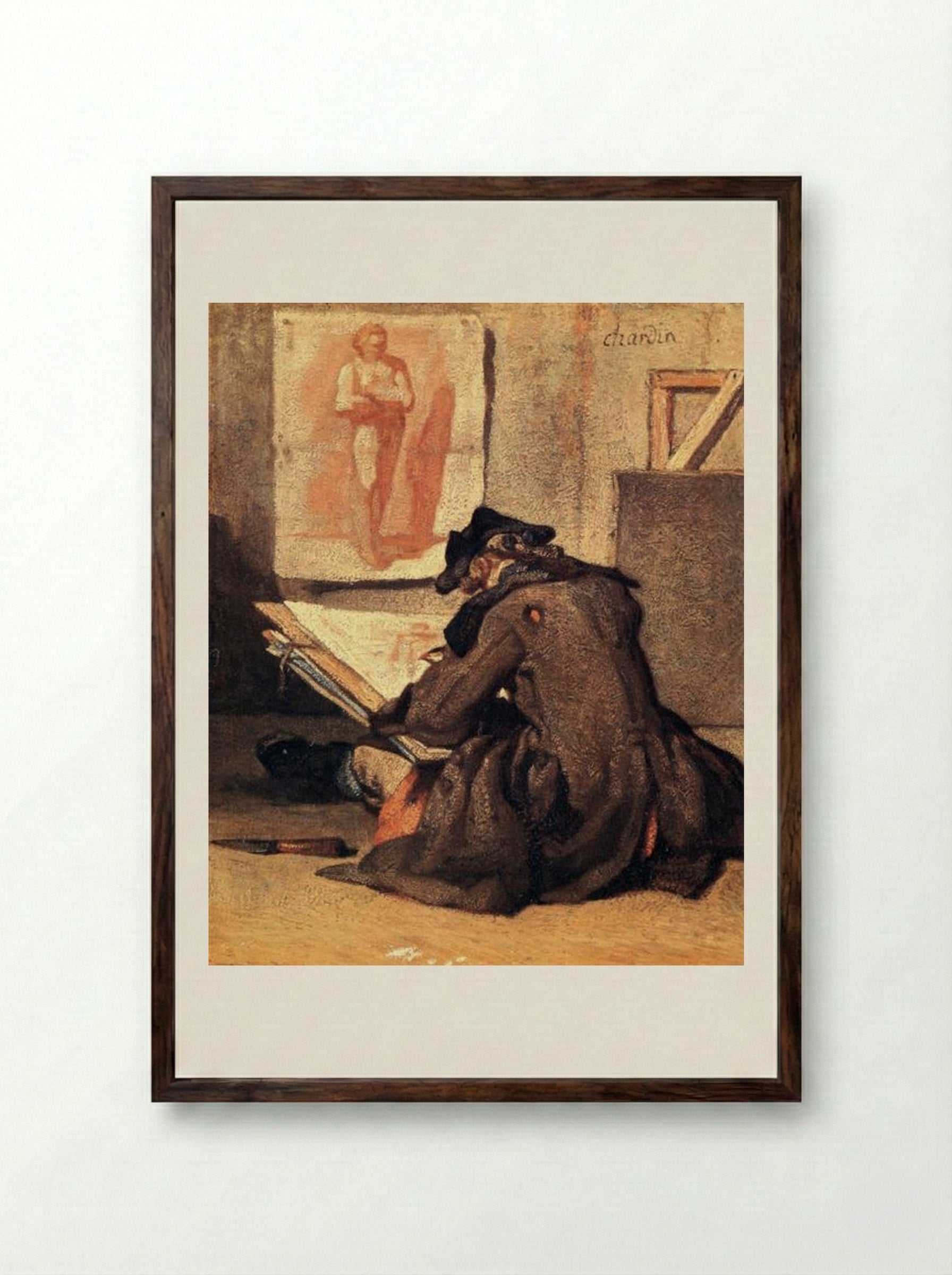 Young Draughtsman copying an Academy study - Jean-Baptiste-Simeon Chardin - Framed Print Dark Wood
