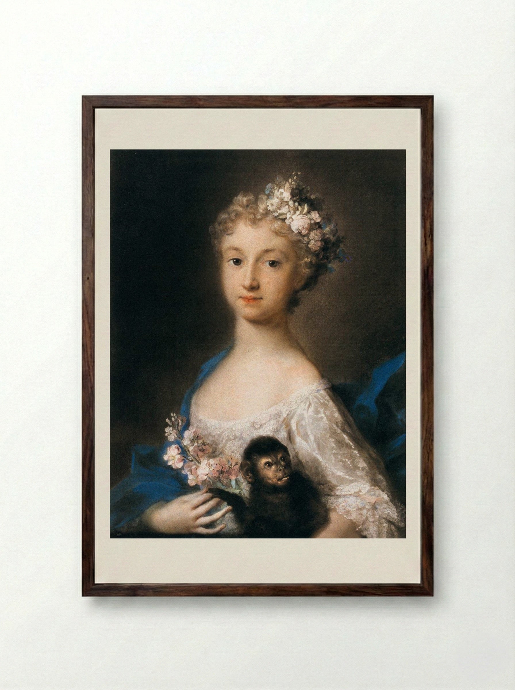 Young Girl Holding a Monkey - Rosalba Carriera - Framed Print Dark Wood