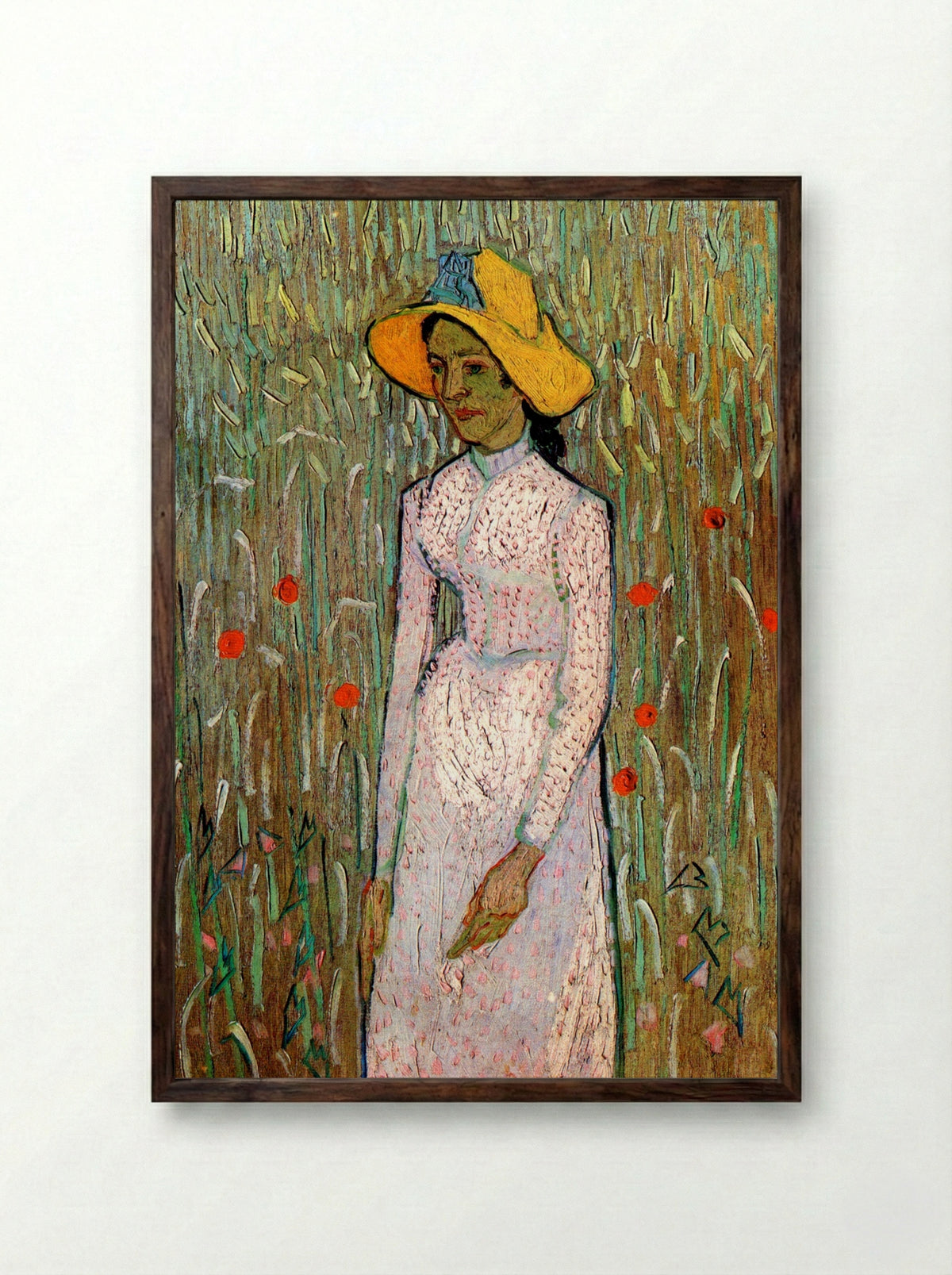 Young Girl Standing Against a Background of Wheat - Vincent van Gogh - Framed Print Dark Wood
