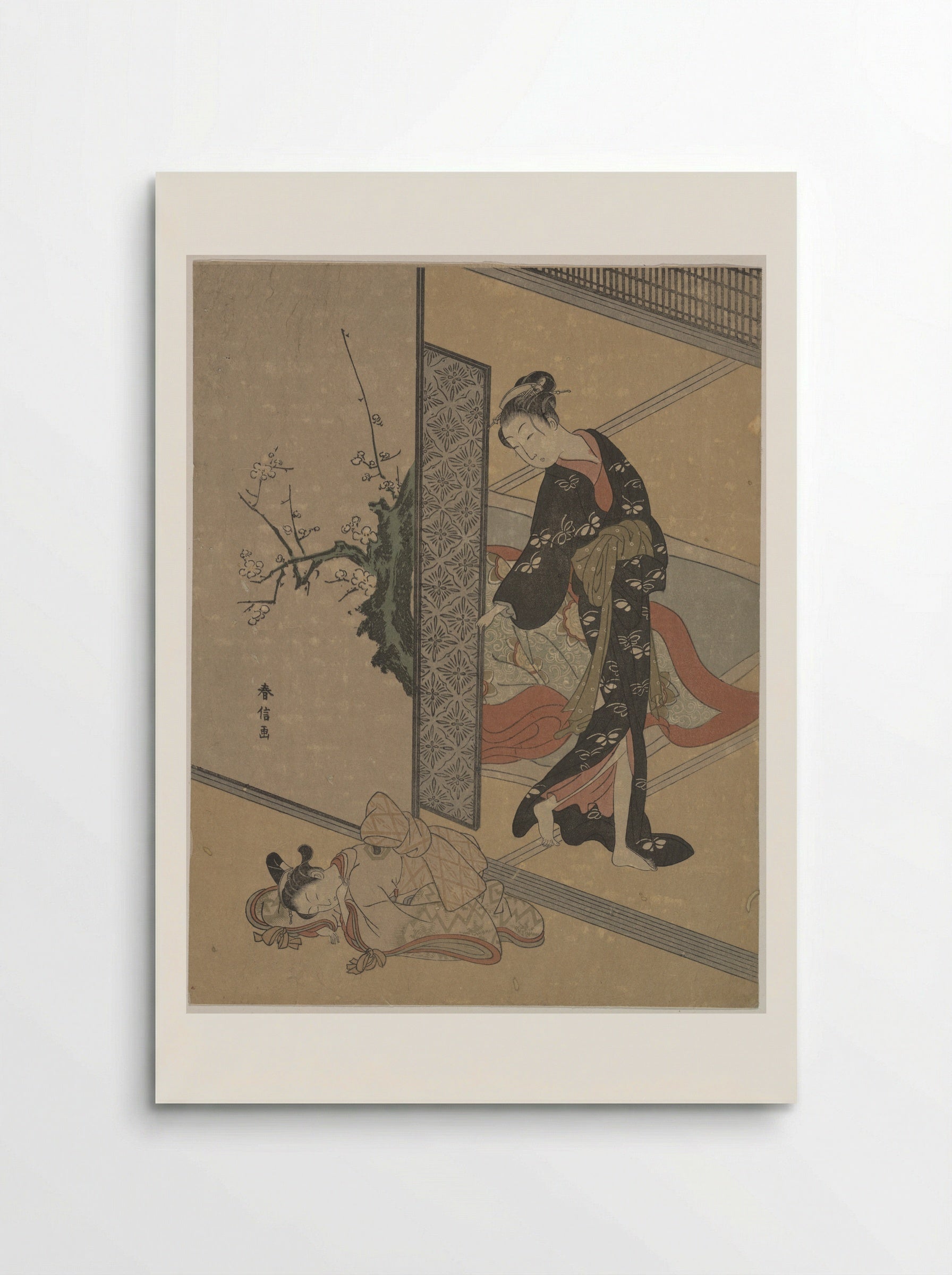 Young Lady Looking through Door at Her Kamuro (Little Servant) who is Asleep on the Floor - Suzuki Harunobu - Poster