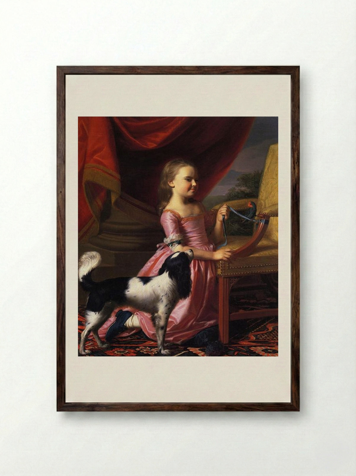 Young Lady with a Bird and Dog - John Singleton Copley - Framed Print Dark Wood