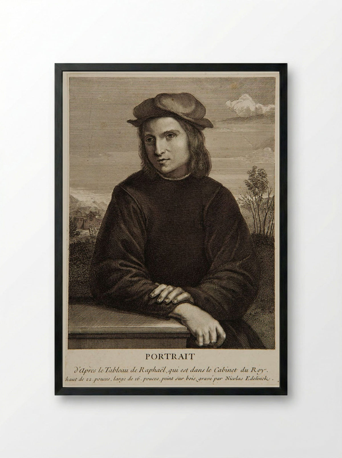 Young Man (After Raphael) - Nicolas Edelinck - Framed Print Black