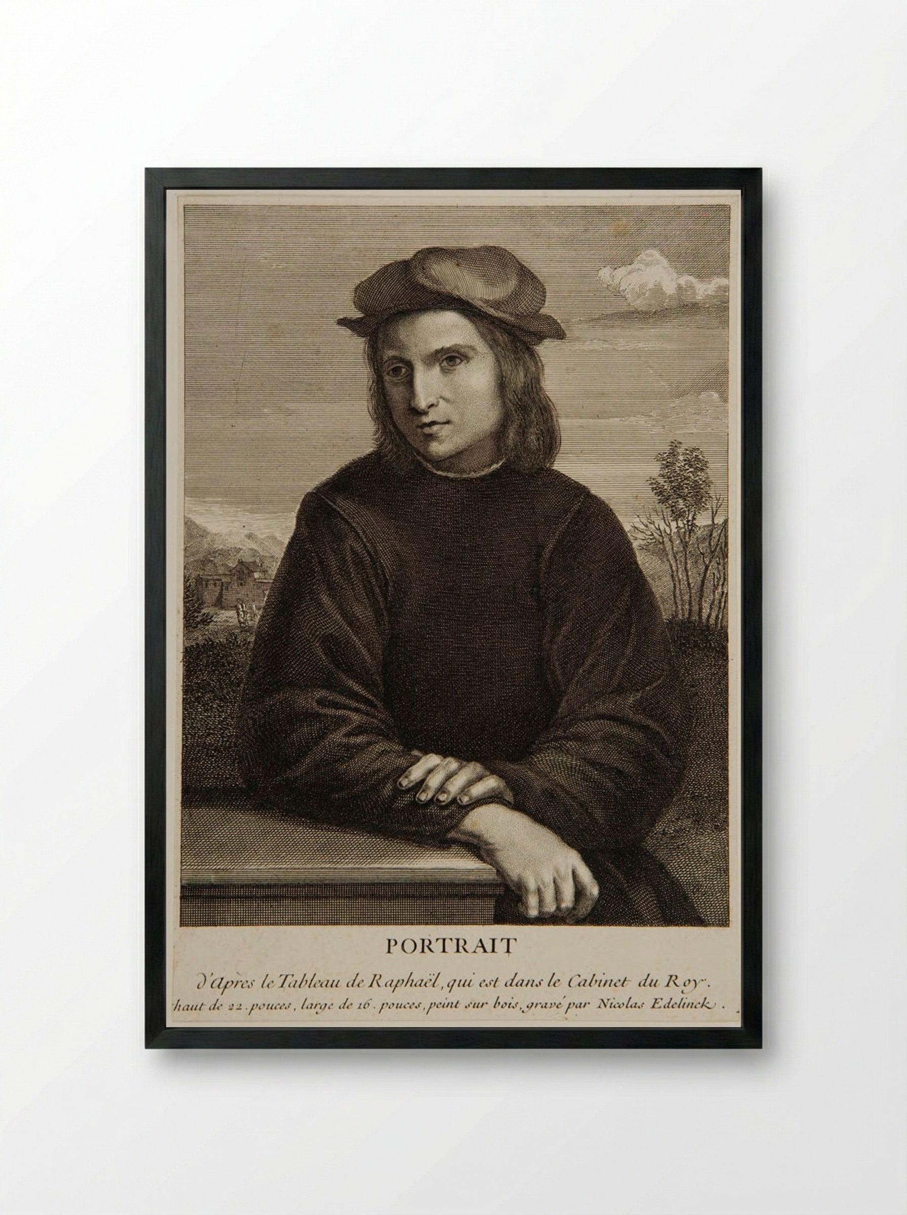 Young Man (After Raphael) - Nicolas Edelinck - Framed Print Black