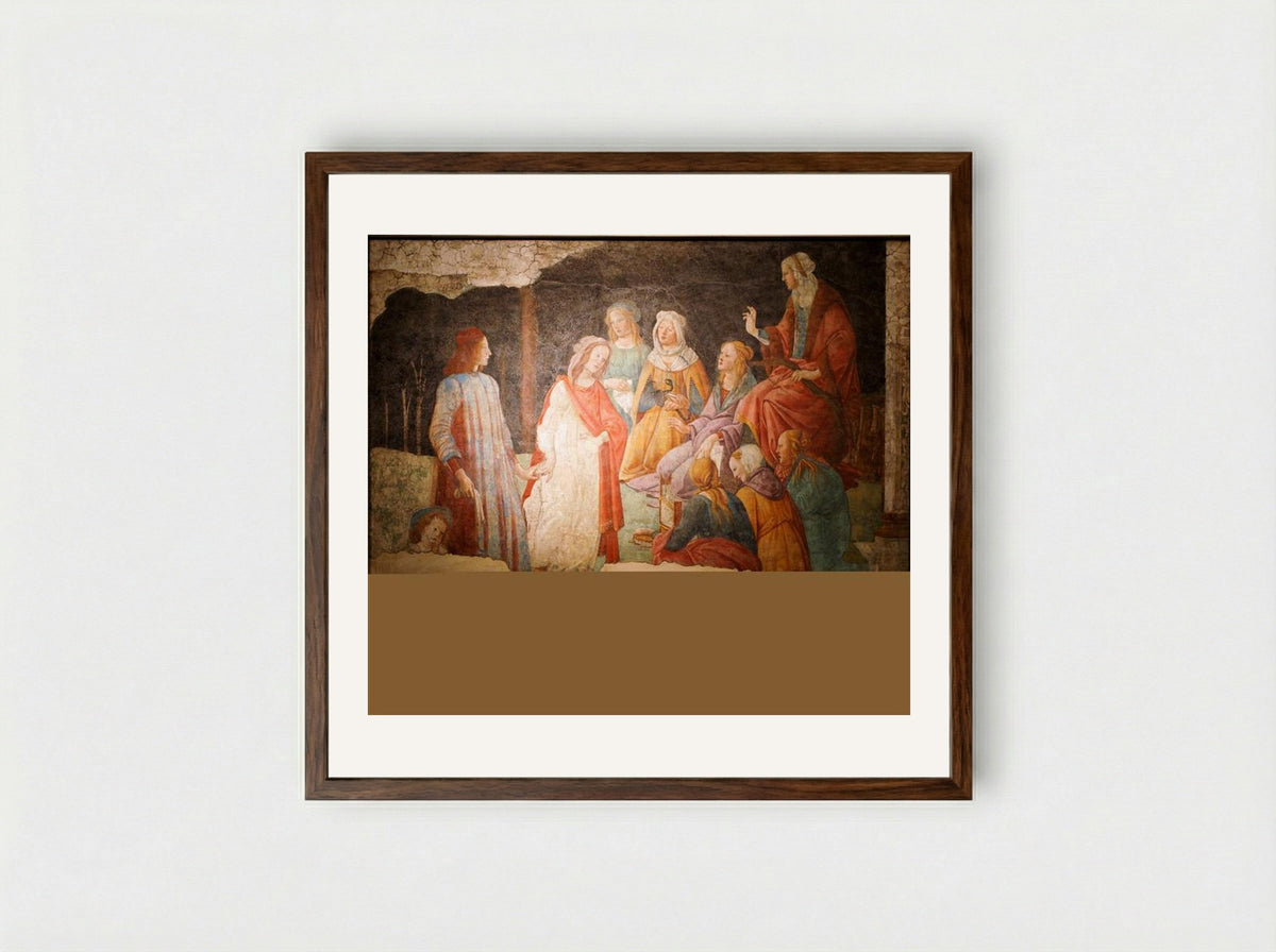 Young Man Greeted by Seven Liberal Arts - Sandro Botticelli - Framed Print Dark Wood