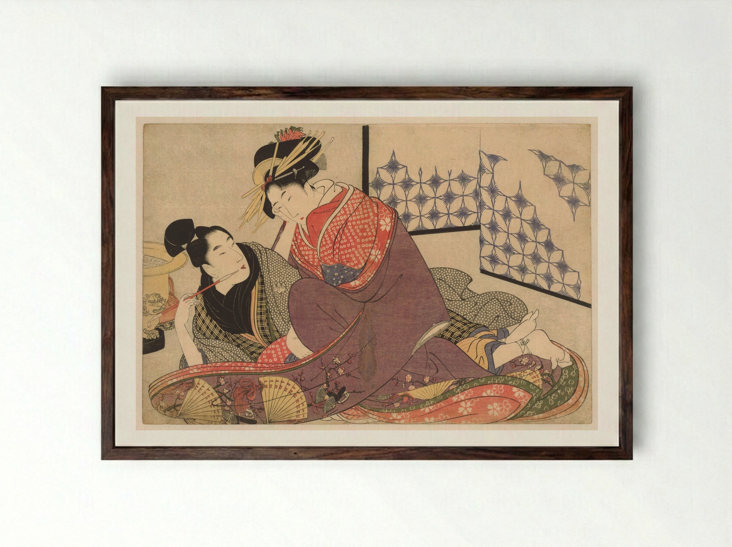 Young Man Smoking with a Courtesan - Kitagawa Utamaro - Framed Print Dark Wood