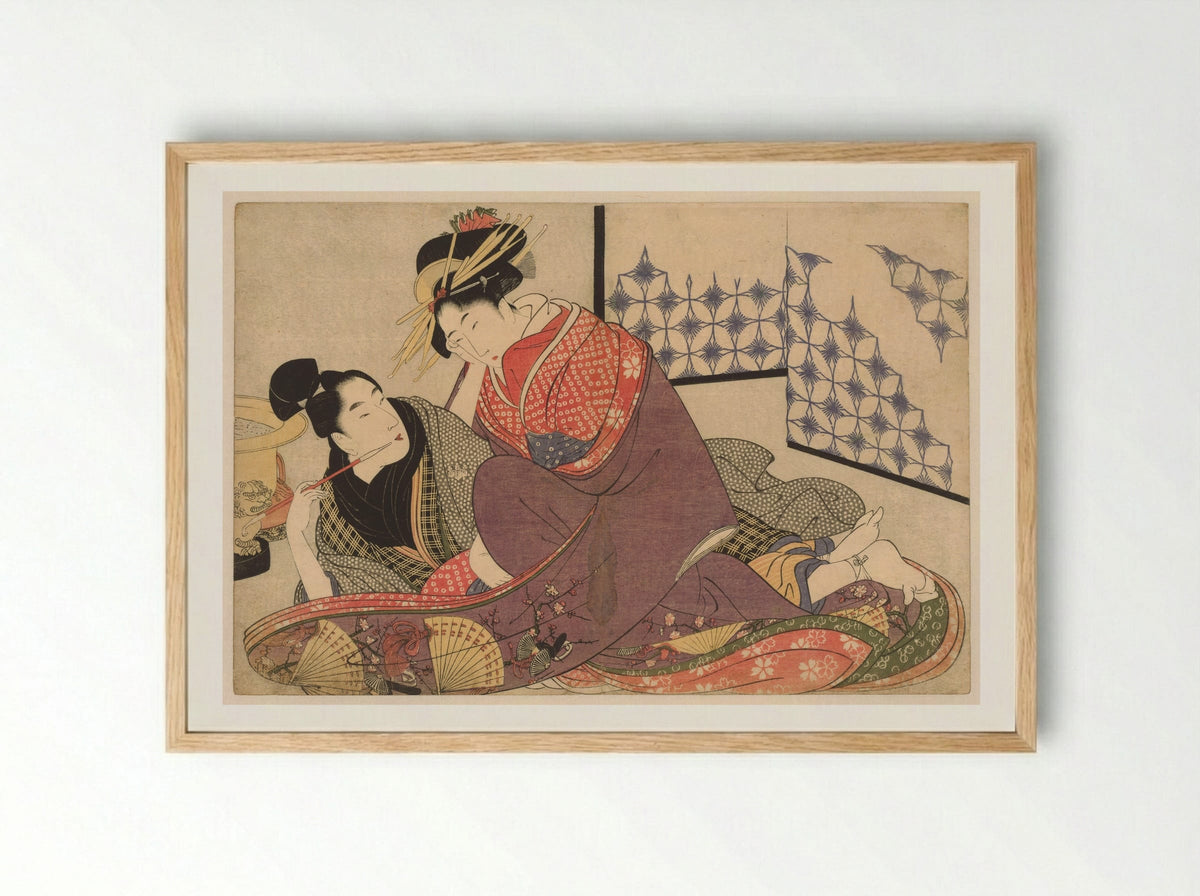 Young Man Smoking with a Courtesan - Kitagawa Utamaro - Framed Print Wood