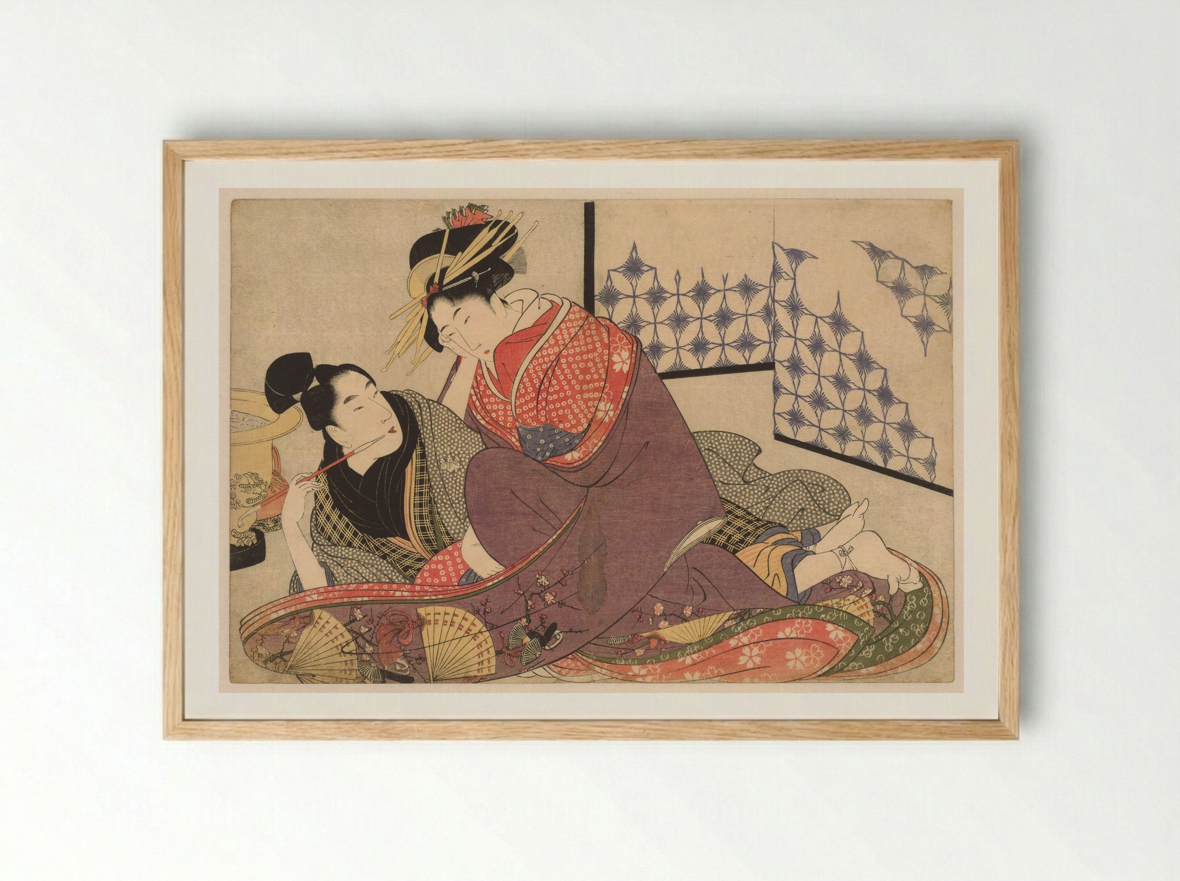 Young Man Smoking with a Courtesan - Kitagawa Utamaro - Framed Print Wood