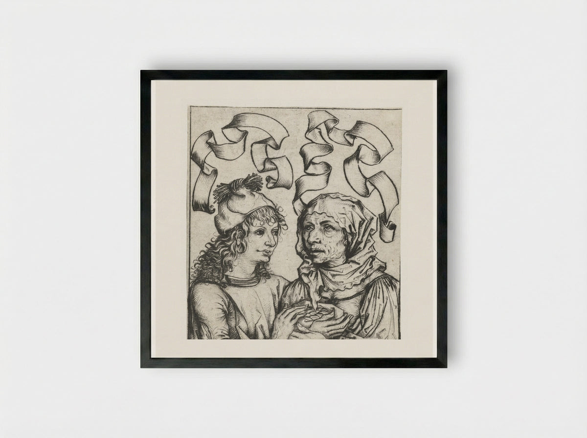 Young Man and Old Woman - Master of the Amsterdam Cabinet - Framed Print Black